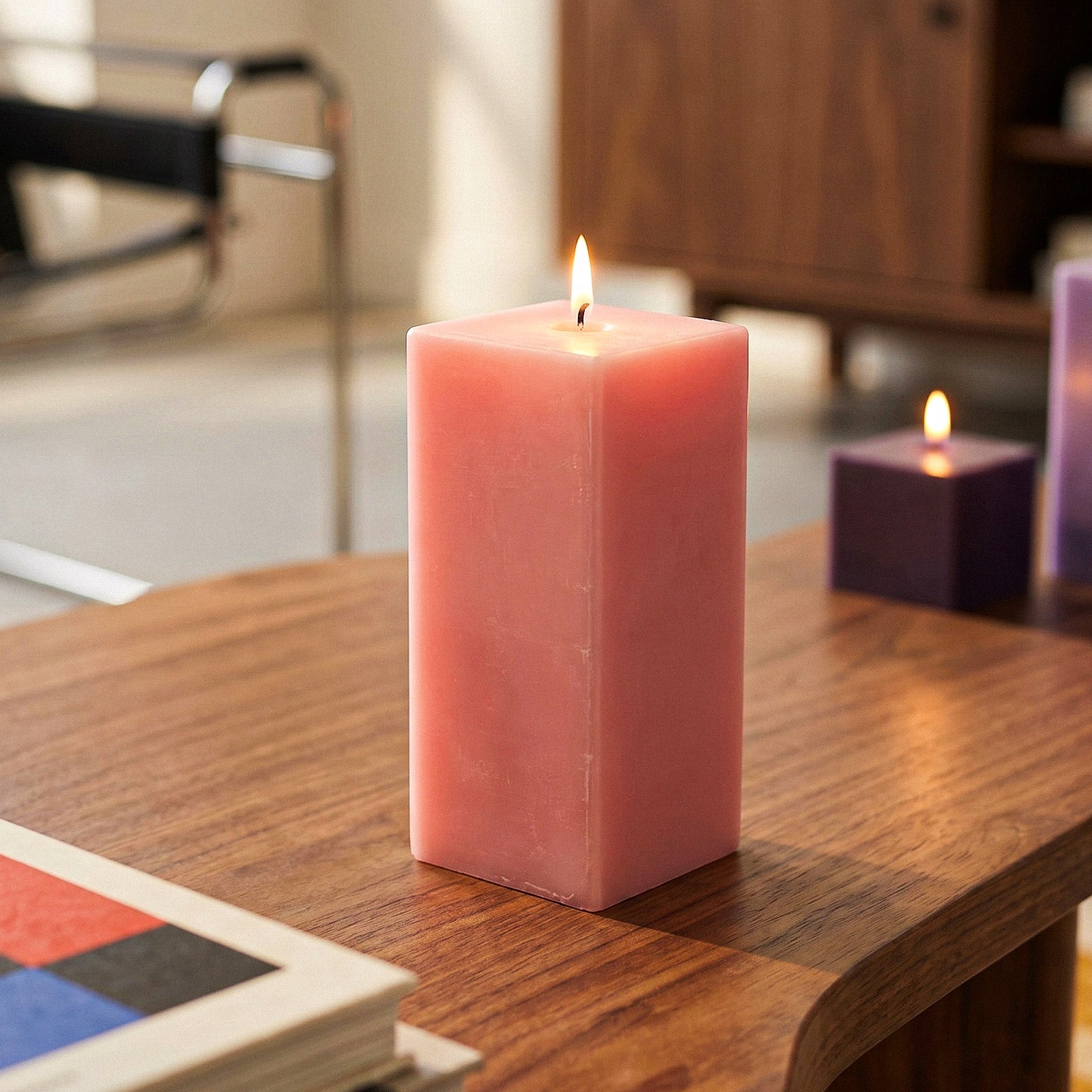 Close-Up of Burning Pink Square Pillar Candle - Clean, Even Flame Effect - Boowan Nicole
