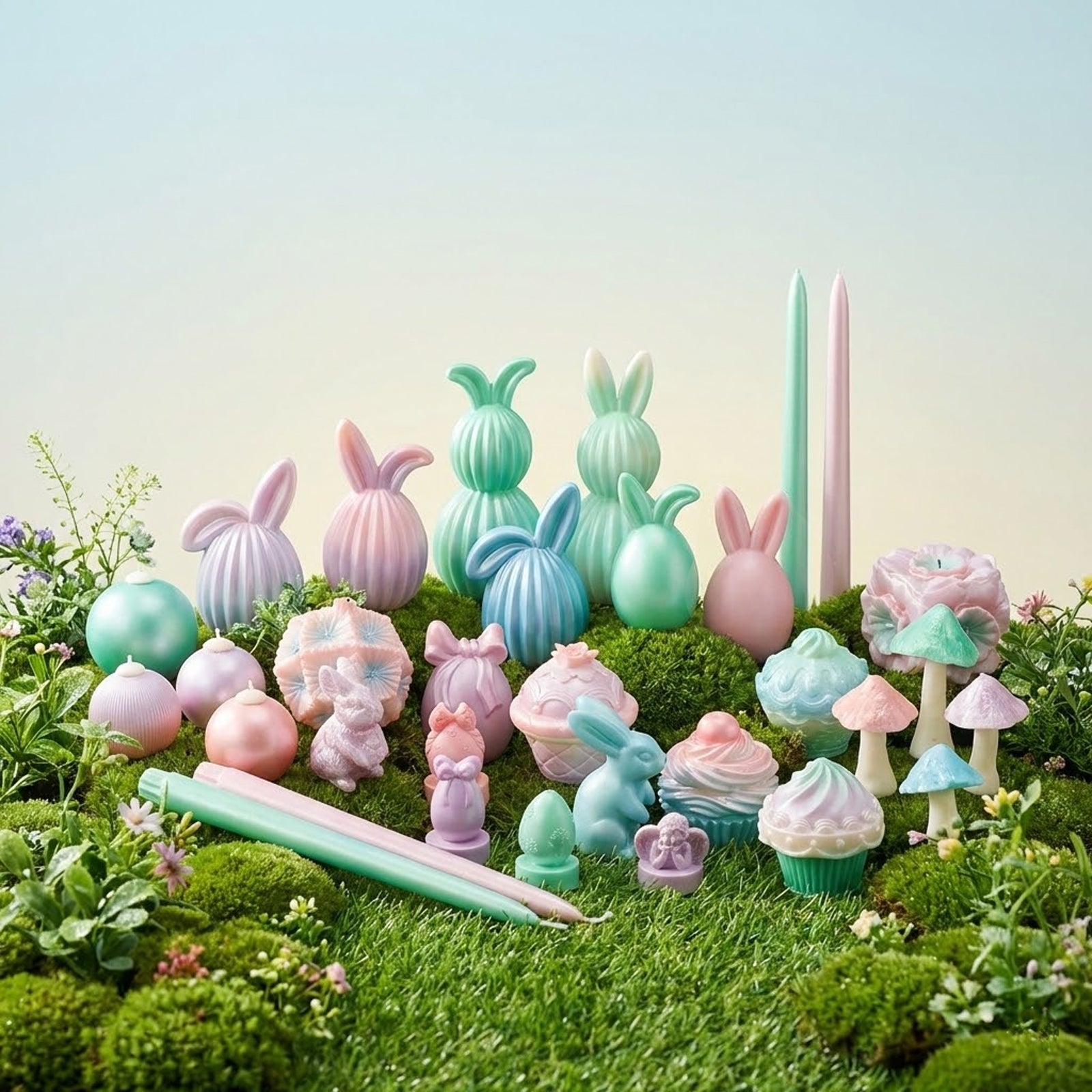 Whimsical collection of pastel Easter-themed candles displayed on a mossy garden scene -Boowan Nicole