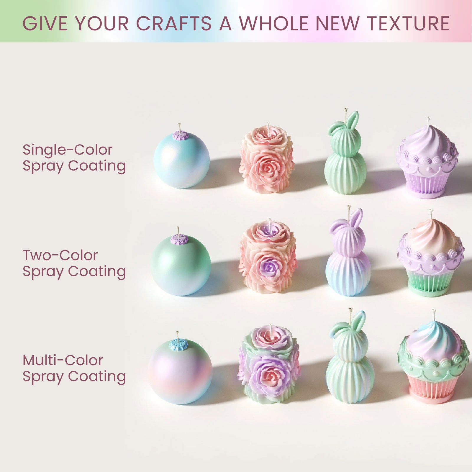 Showcase of single-color, two-color, and multi-color spray coating effects on decorative candles -Boowan Nicole
