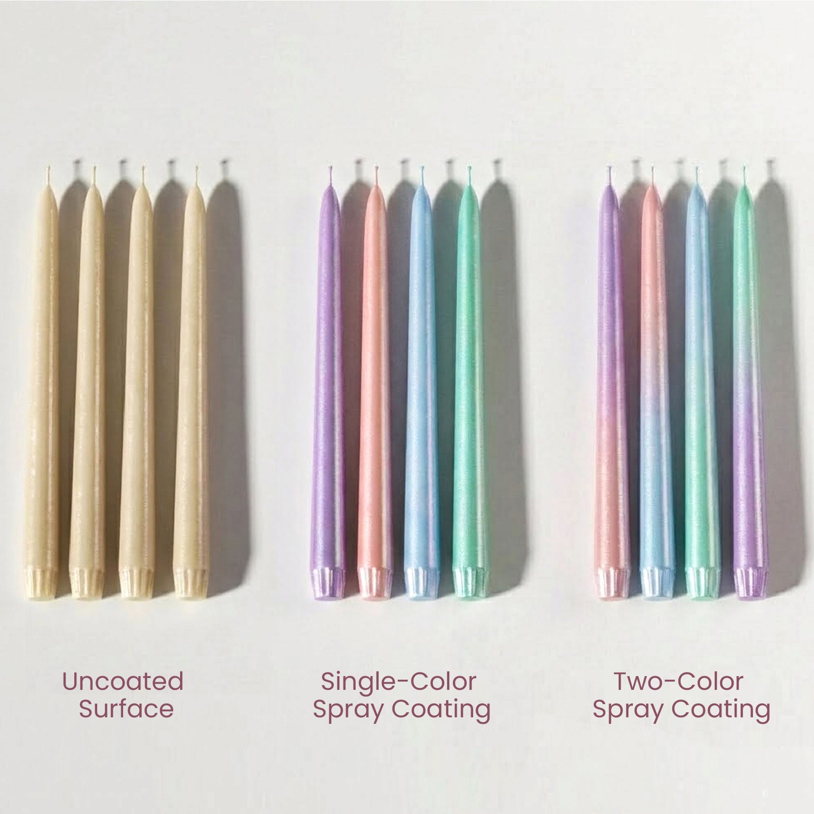 Uncoated vs single-color vs two-color spray coated taper candles for a before-and-after look -Boowan Nicole