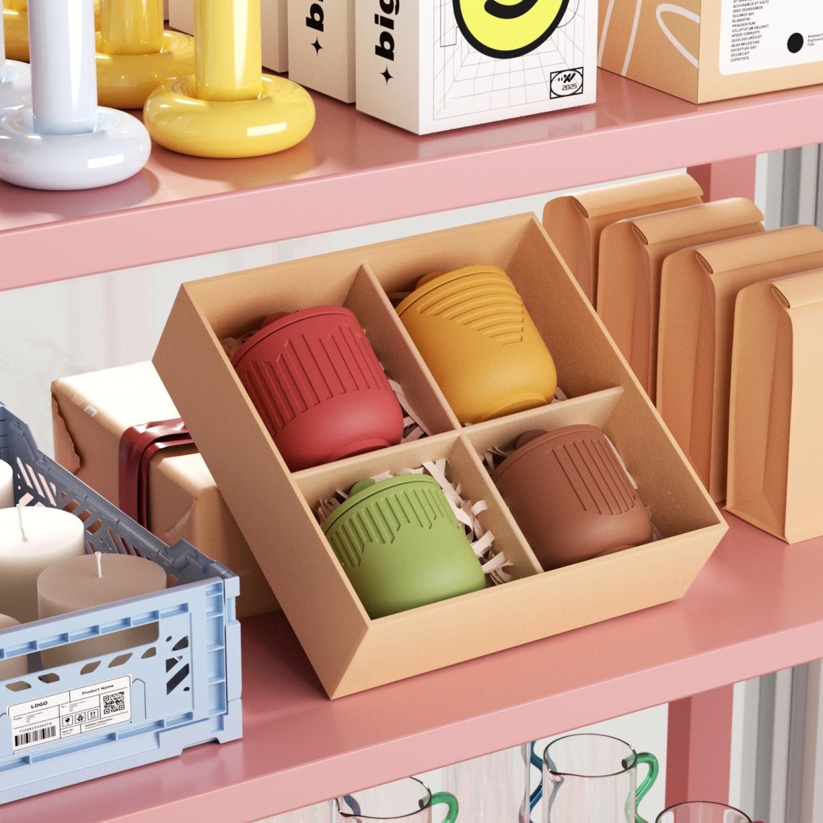 Set of four ribbed candle jars in red, yellow, green, and brown, neatly packed in a kraft gift box on a pink shelf - Boowan Nicole