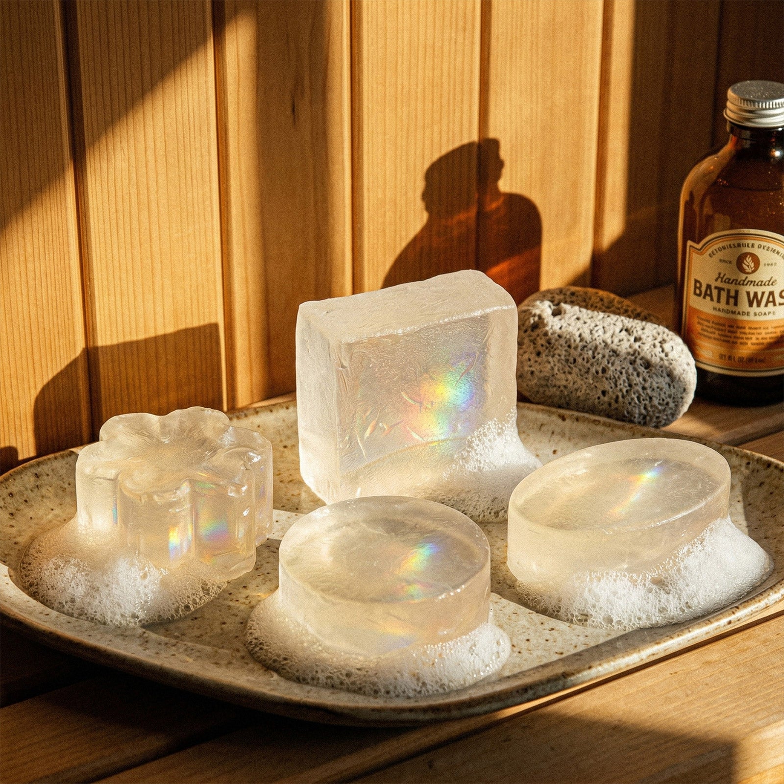 Assorted Clear Rice Essential Soap Bars on Tray - Boowan Nicole