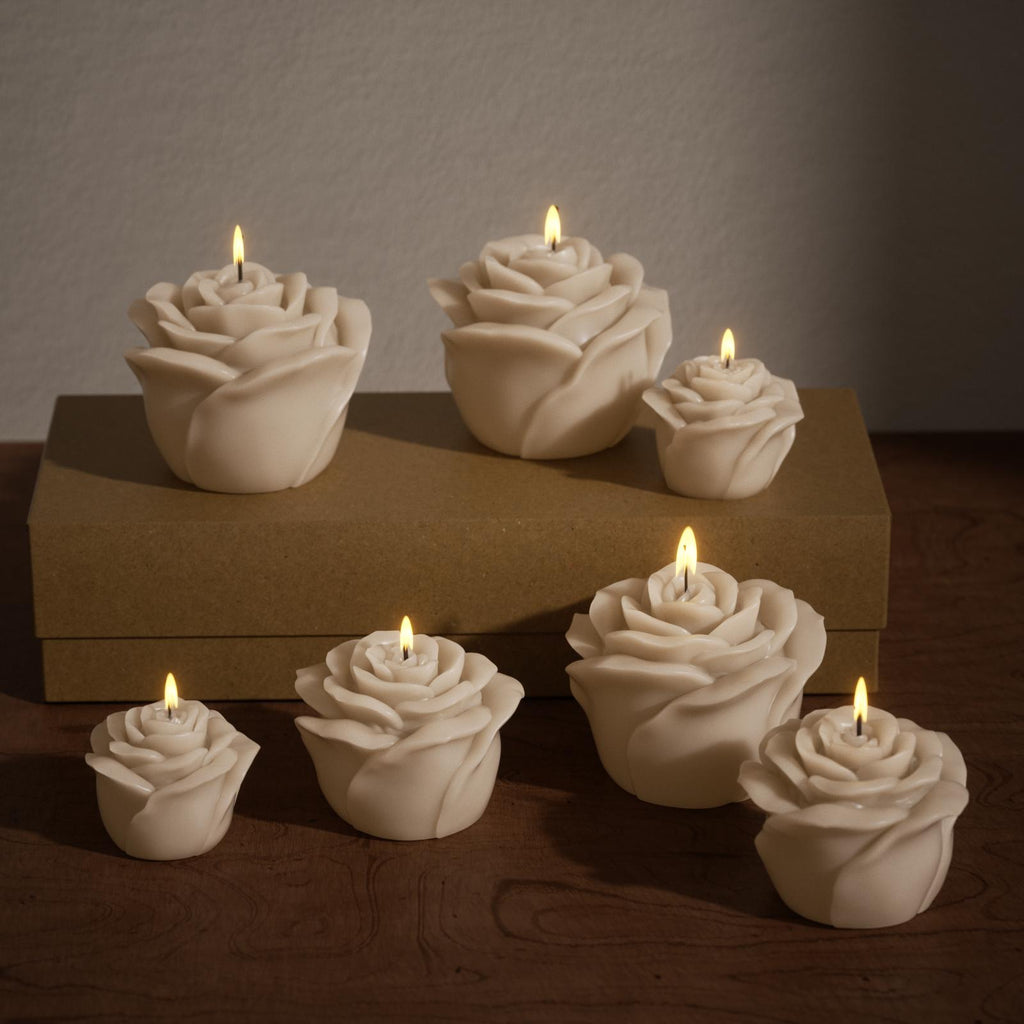 White rose candles in assorted sizes, handcrafted with silicone molds – perfect for weddings, gifts, and romantic decor - Boowan Nicole