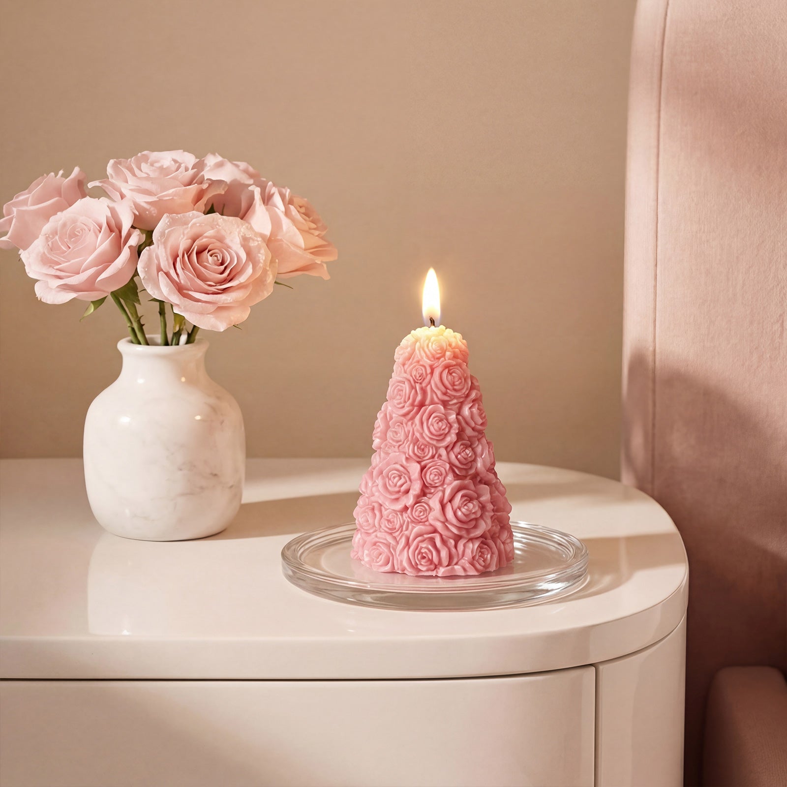 Lit Pink Rose Tower Scented Candle on Glass Plate with Roses - Boowan Nicole