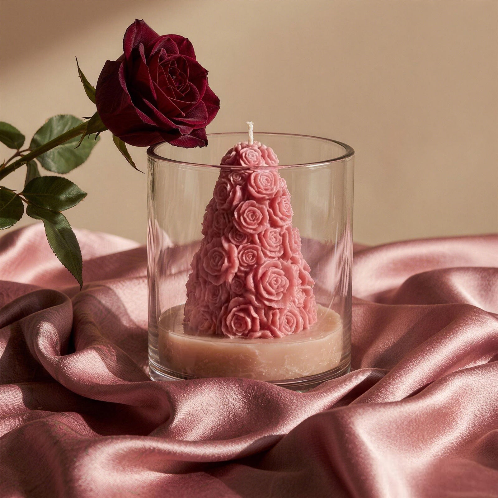 Pink Rose Tower Candle in Glass Jar with Real Rose Decor - Boowan Nicole