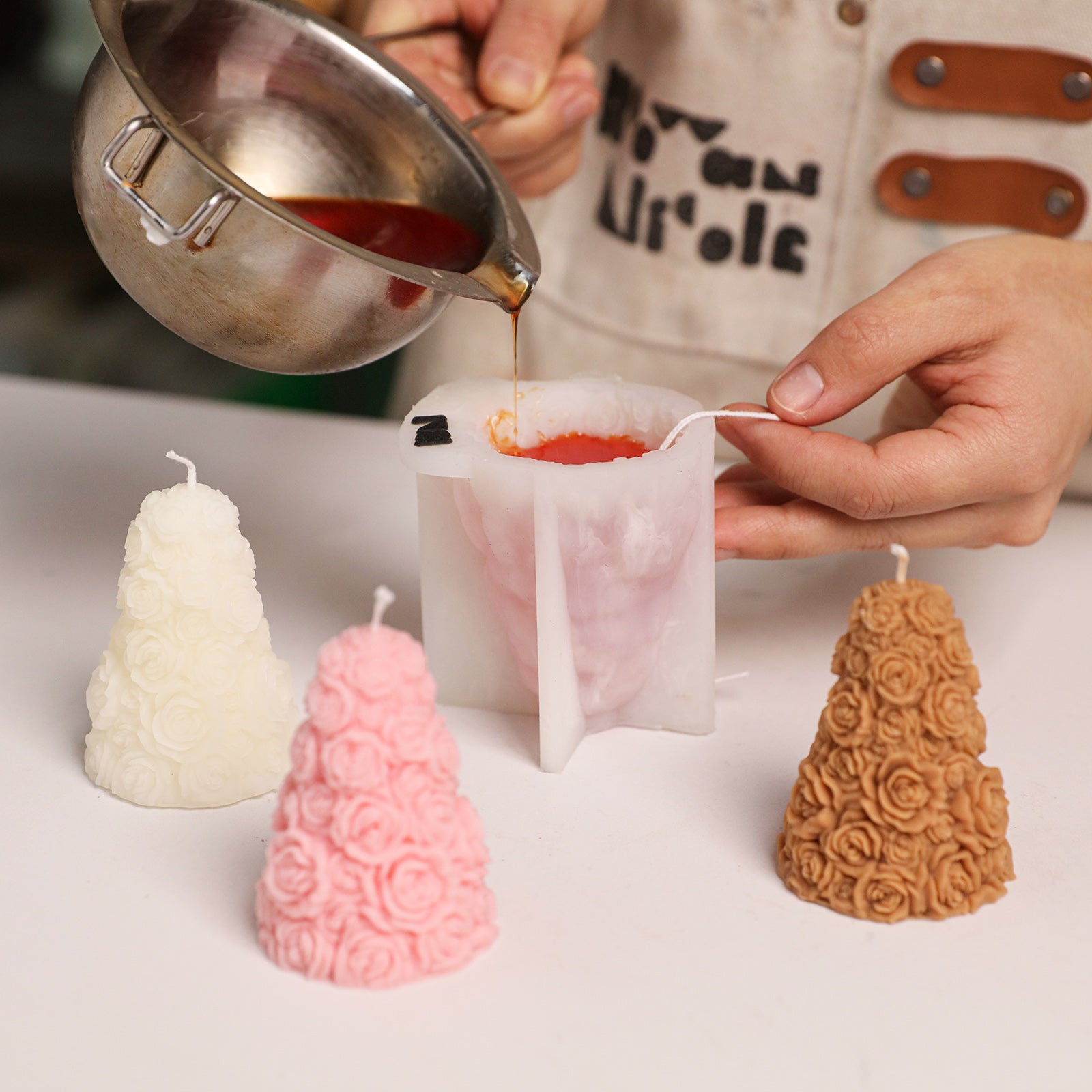 DIY Rose Tower Candle Making: Pouring Wax into Silicone Mold - Boowan Nicole