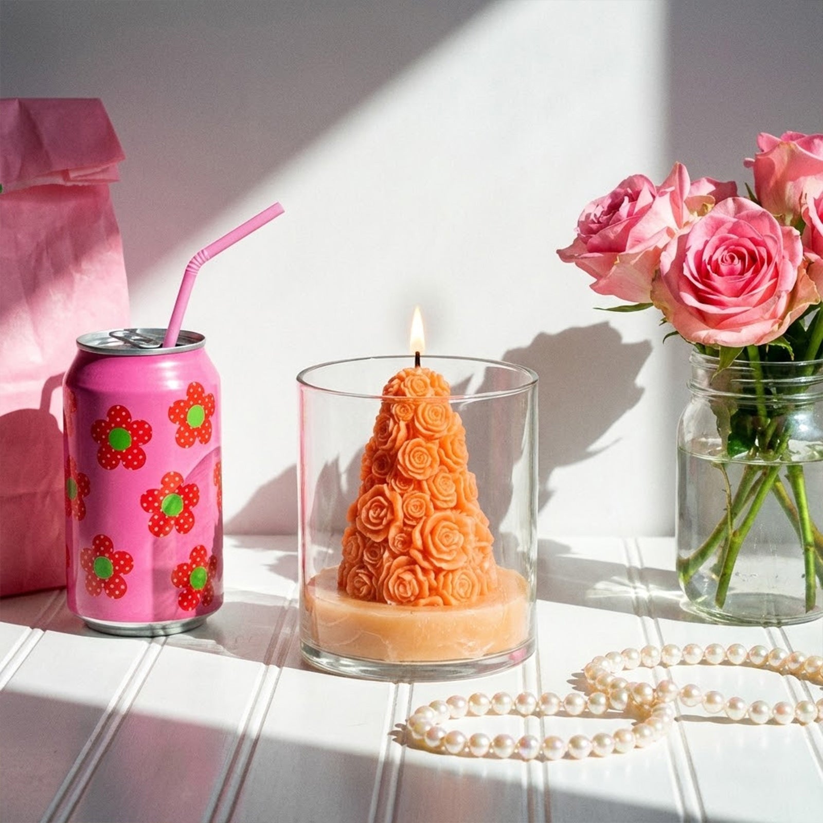 Lit Orange Rose Tower Candle in Glass Jar with Soda & Flowers - Boowan Nicole