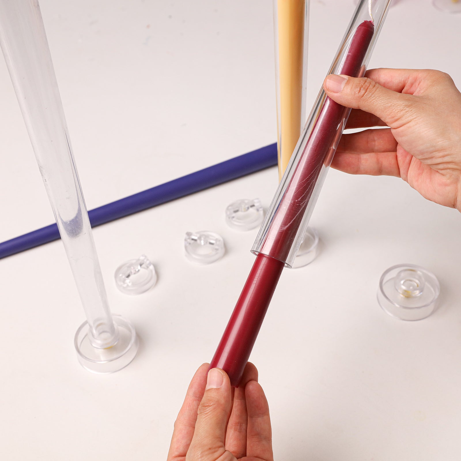 Round Top Taper Acrylic Candle Mold Collection, unmolding finished red taper candle from clear acrylic mold - Boowan Nicole