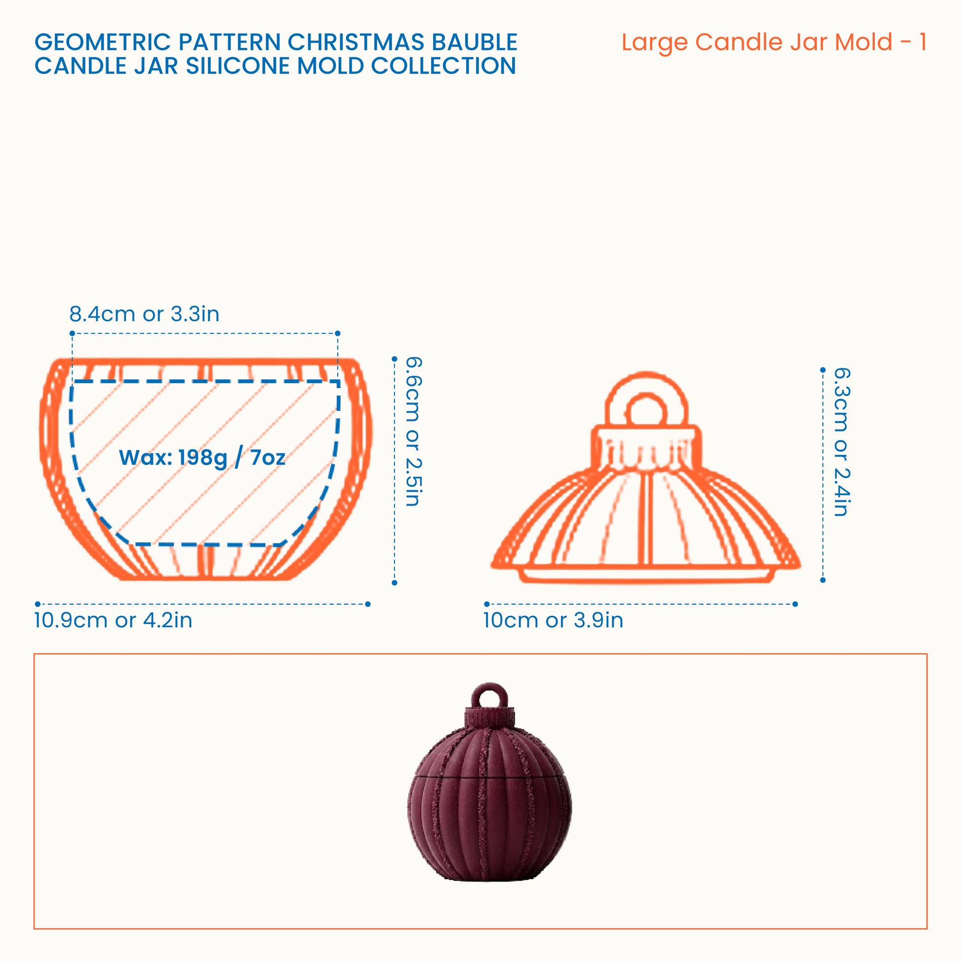 Ribbed Ornament Large Candle Jar Mold size guide