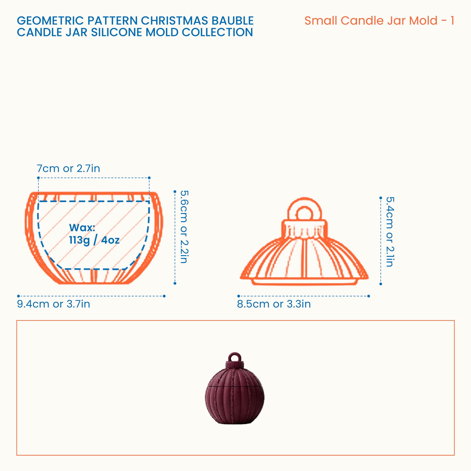Ribbed Ornament Small Candle Jar Mold size guide