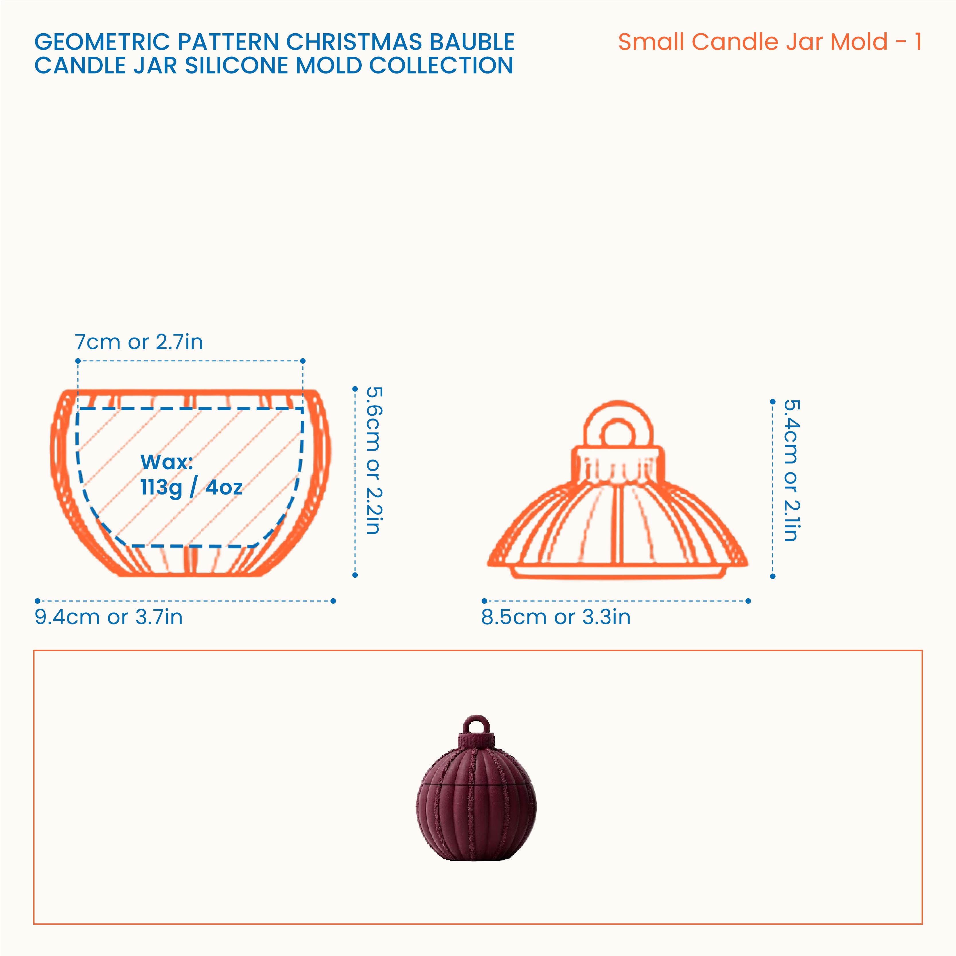 Ribbed Ornament Small Candle Jar Mold size guide