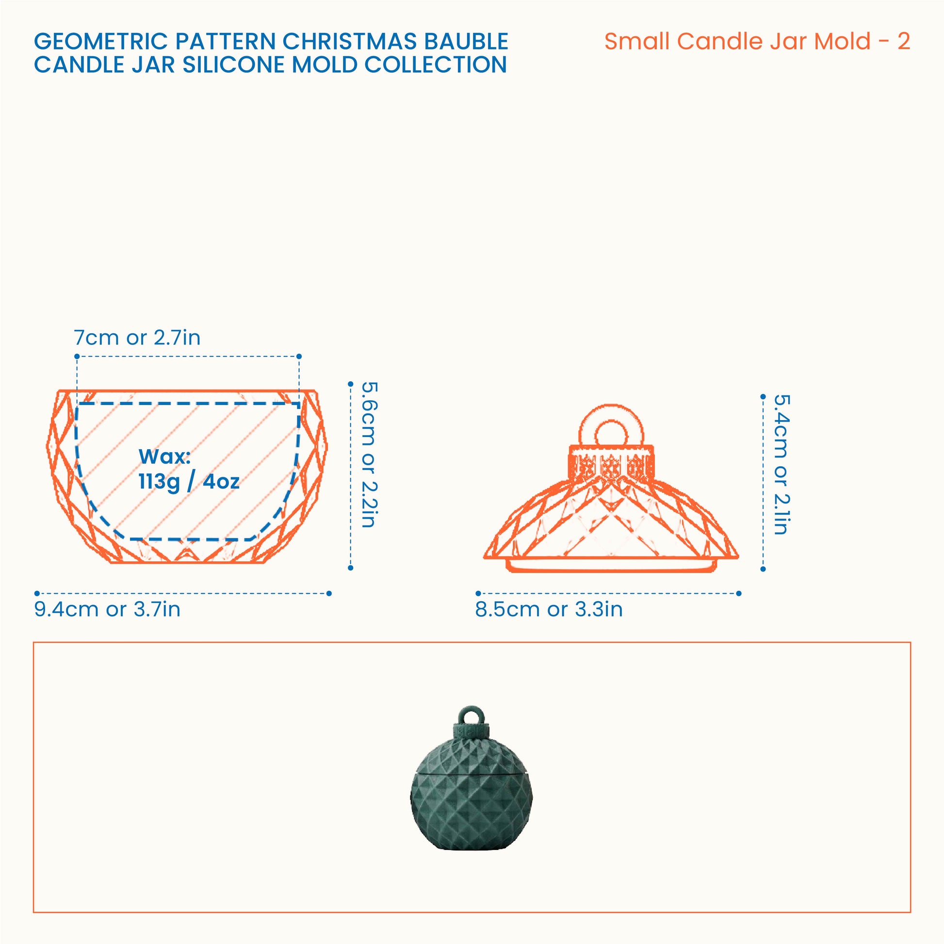 Diamond Ornament Small Candle Jar Mold size guide