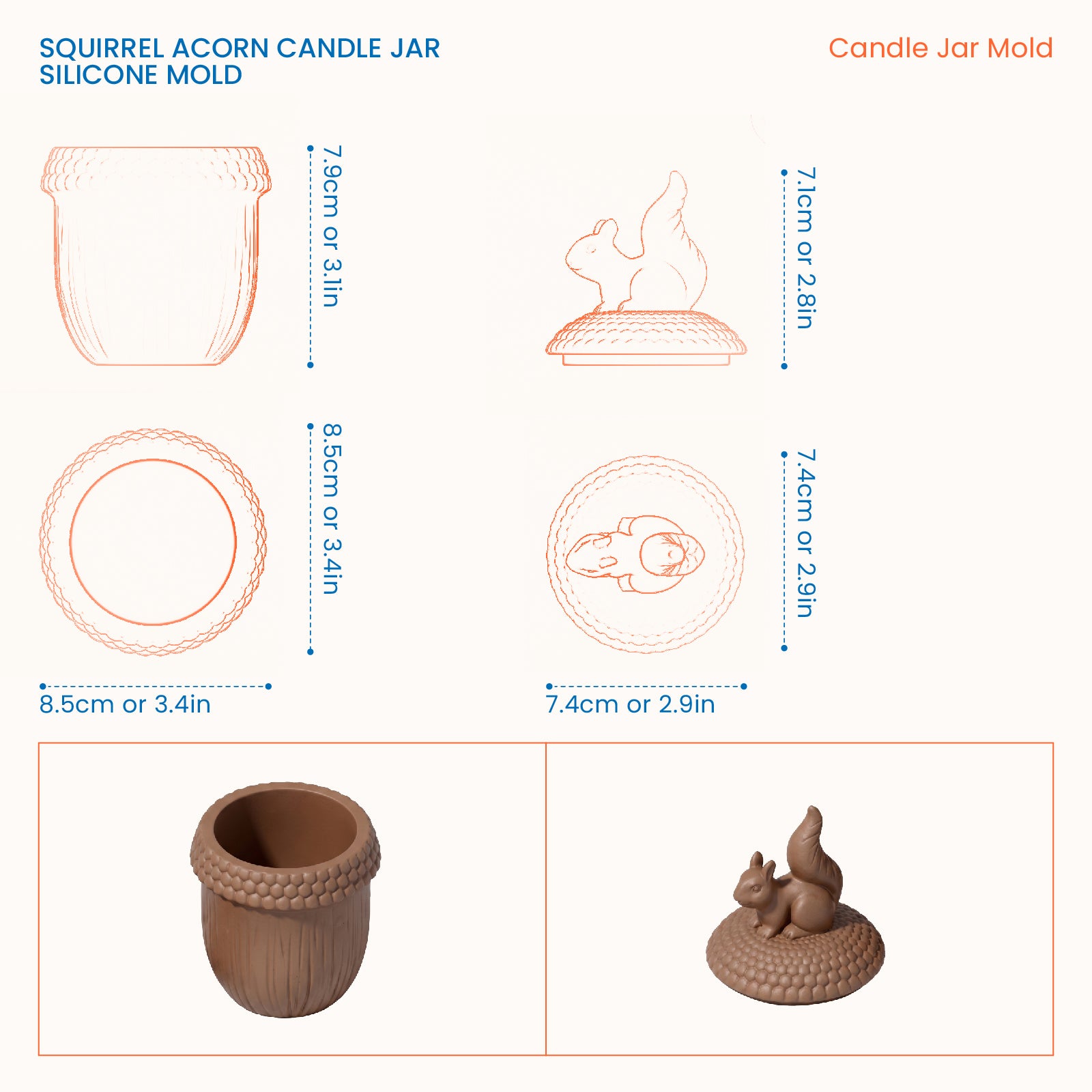Size guide for the Squirrel Acorn Candle Jar Silicone Mold showing dimensions of the jar, lid, and squirrel finial.
