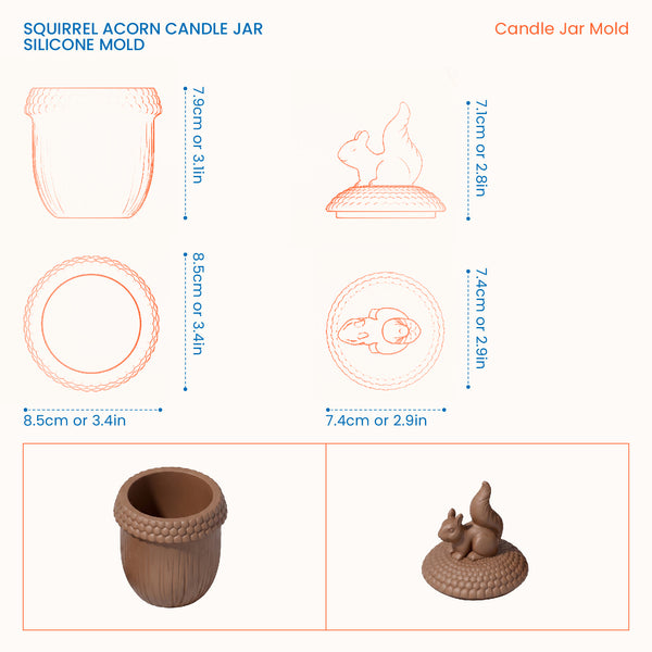 Size guide for the Squirrel Acorn Candle Jar Silicone Mold showing dimensions of the jar, lid, and squirrel finial.