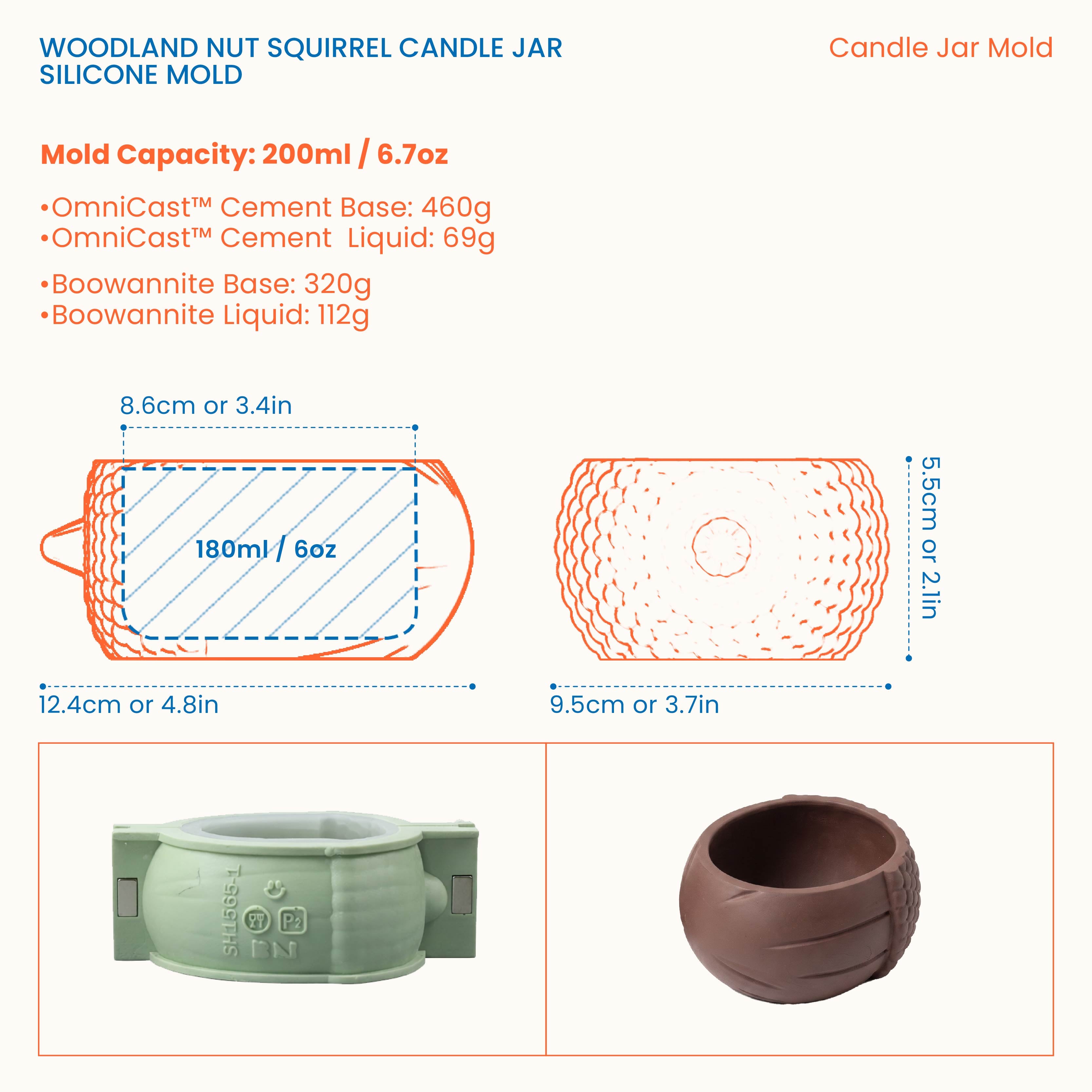 Size chart for the Woodland Nut Squirrel acorn candle jar body, 12.4cm length, 9.5cm width, 5.5cm height, 200ml capacity
