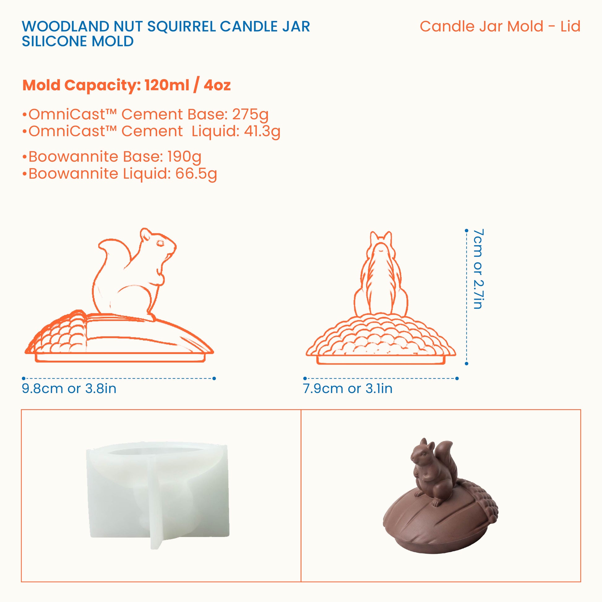 Size chart for the Woodland Nut Squirrel candle jar lid, 9.8cm by 7.9cm, 7cm height, 120ml capacity