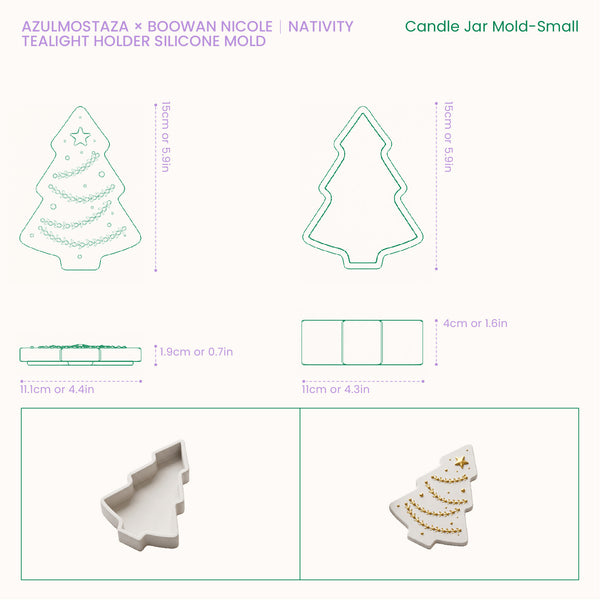 Size chart for the small Twinkle Christmas Tree Candle Jar silicone mold, showing 15cm height, 11.1cm width, 1.9cm base, and 4cm lid depth.