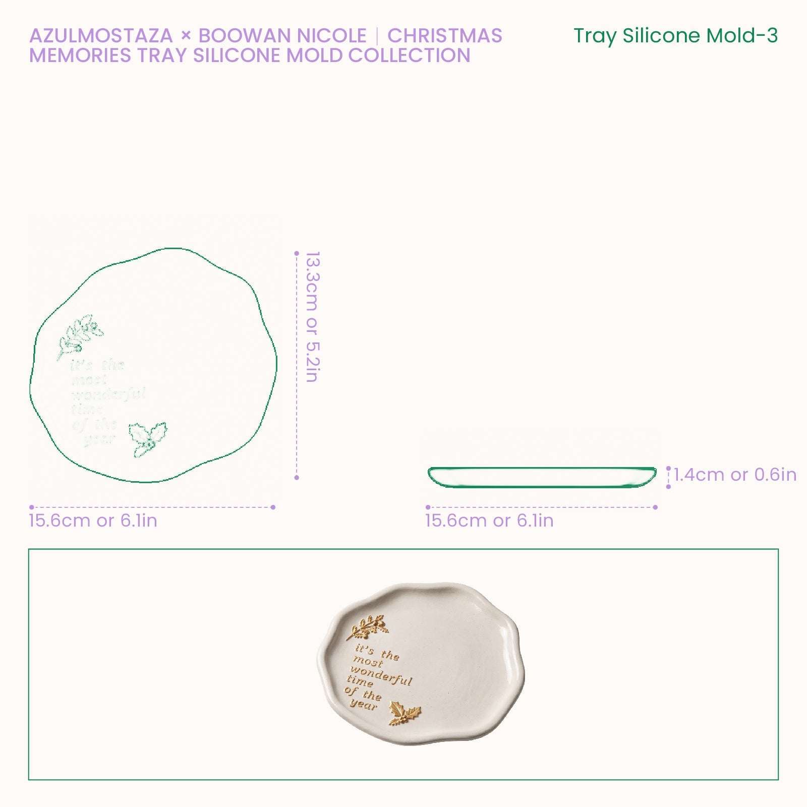 Size chart for the Christmas Memories snowman trinket tray silicone mold, showing a 14.7cm diameter, 14.4cm depth, and 1.4cm wall height.