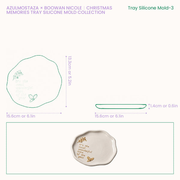 Size chart for the Christmas Memories snowman trinket tray silicone mold, showing a 14.7cm diameter, 14.4cm depth, and 1.4cm wall height.