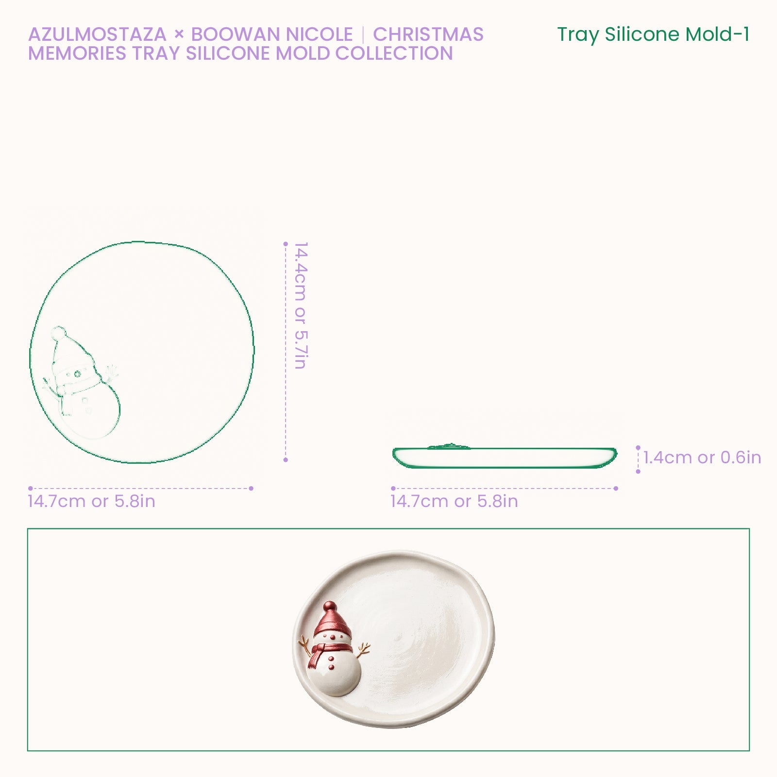 Size chart for the Christmas Memories Merry Christmas trinket tray silicone mold, showing a 15.1cm diameter, 14cm depth, and 1.4cm wall height.