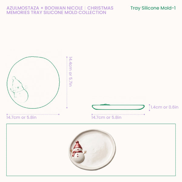 Size chart for the Christmas Memories Merry Christmas trinket tray silicone mold, showing a 15.1cm diameter, 14cm depth, and 1.4cm wall height.