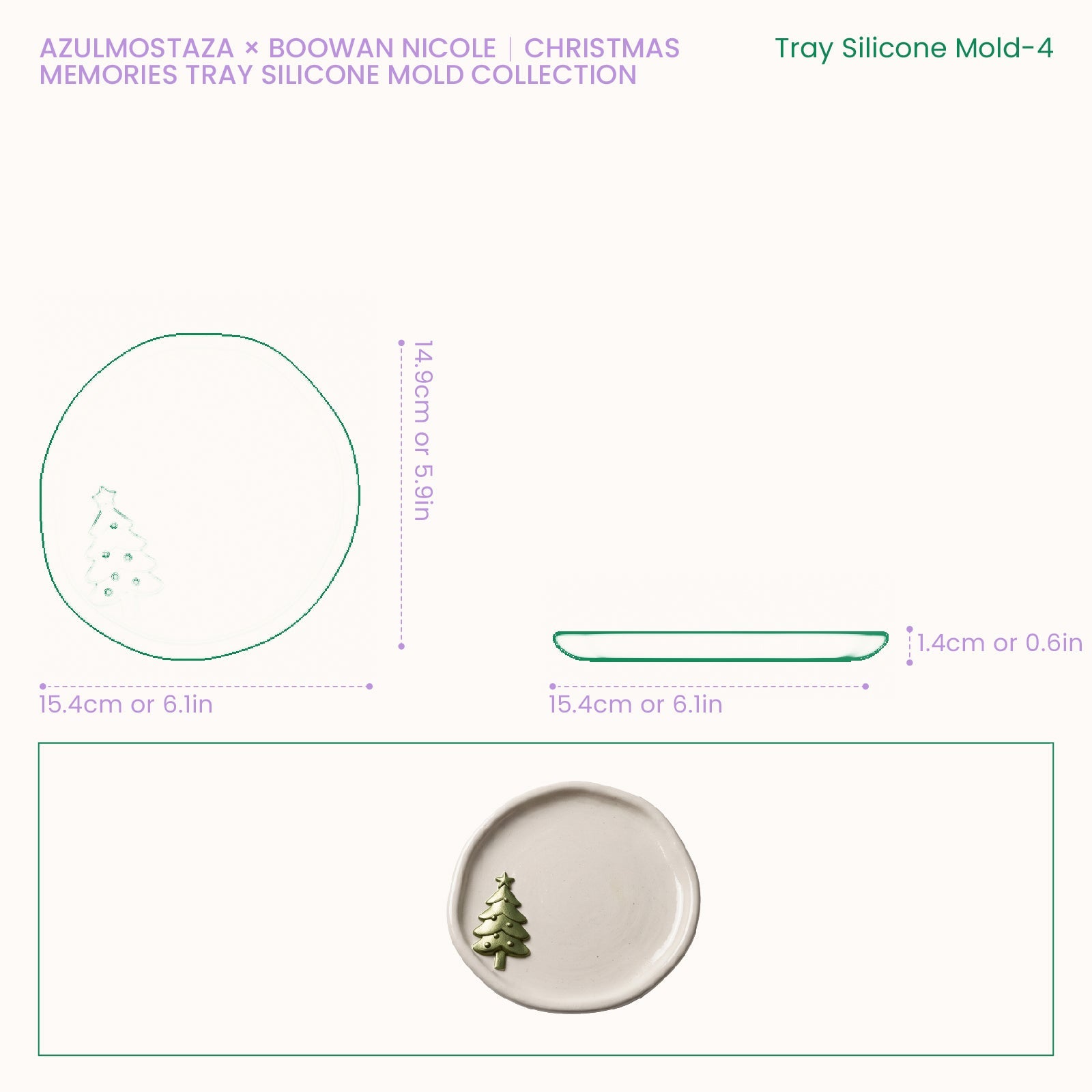 Size chart for the Christmas Memories It's the Most Wonderful Time of the Year trinket tray silicone mold, showing a 15.6cm diameter, 13.3cm depth, and 1.4cm wall height.