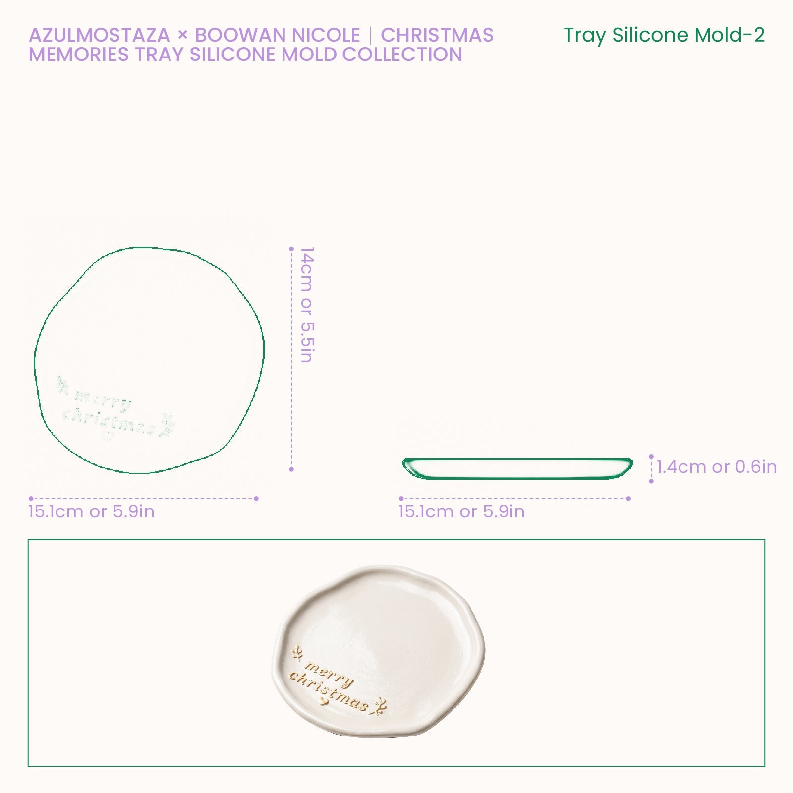Size chart for the Christmas Memories Christmas tree trinket tray silicone mold, showing a 15.4cm diameter, 14.9cm depth, and 1.4cm wall height.