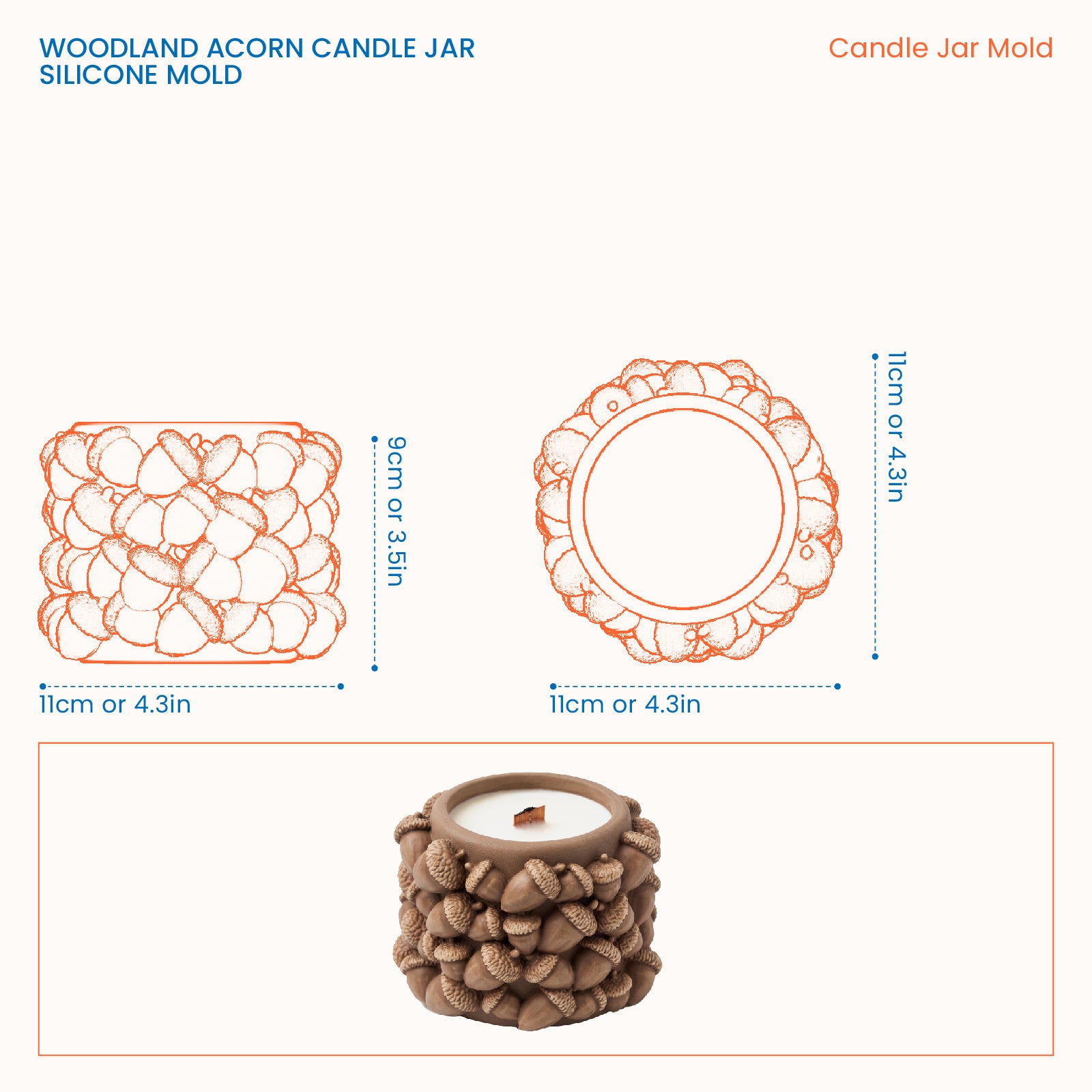 Size chart for the Woodland Acorn Candle Jar silicone mold, showing an 11cm outer diameter, 9cm height, and 11cm top opening diameter.