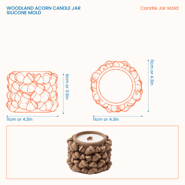 Size chart for the Woodland Acorn Candle Jar silicone mold, showing an 11cm outer diameter, 9cm height, and 11cm top opening diameter.