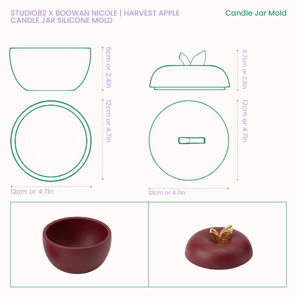 Size guide for the Studio82 x Boowan Nicole Harvest Apple Candle Jar Silicone Mold showing jar and lid dimensions.
