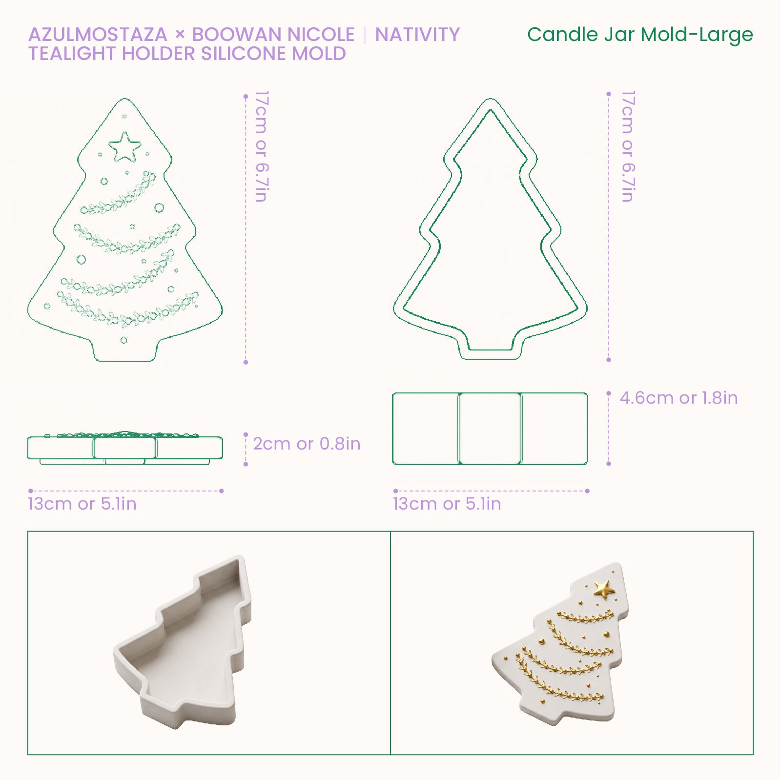 Size chart for the large Twinkle Christmas Tree Candle Jar silicone mold, showing 17cm height, 13cm width, 2cm base, and 4.6cm lid depth.