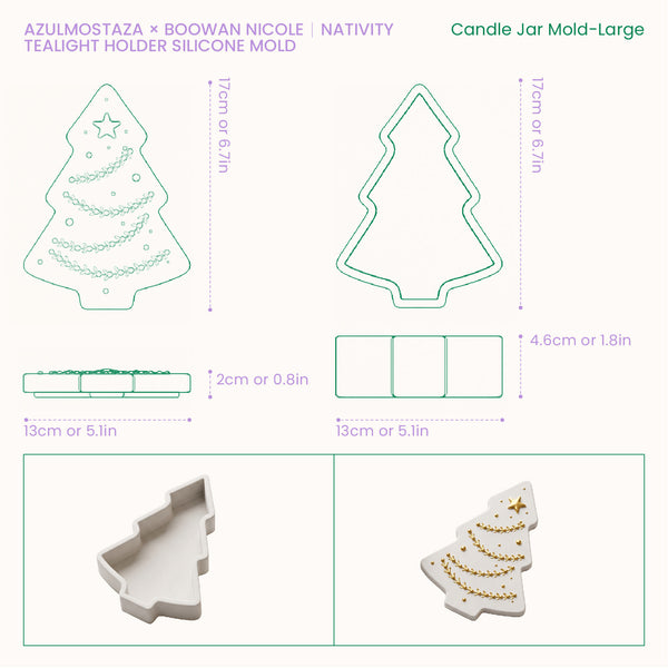 Size chart for the large Twinkle Christmas Tree Candle Jar silicone mold, showing 17cm height, 13cm width, 2cm base, and 4.6cm lid depth.
