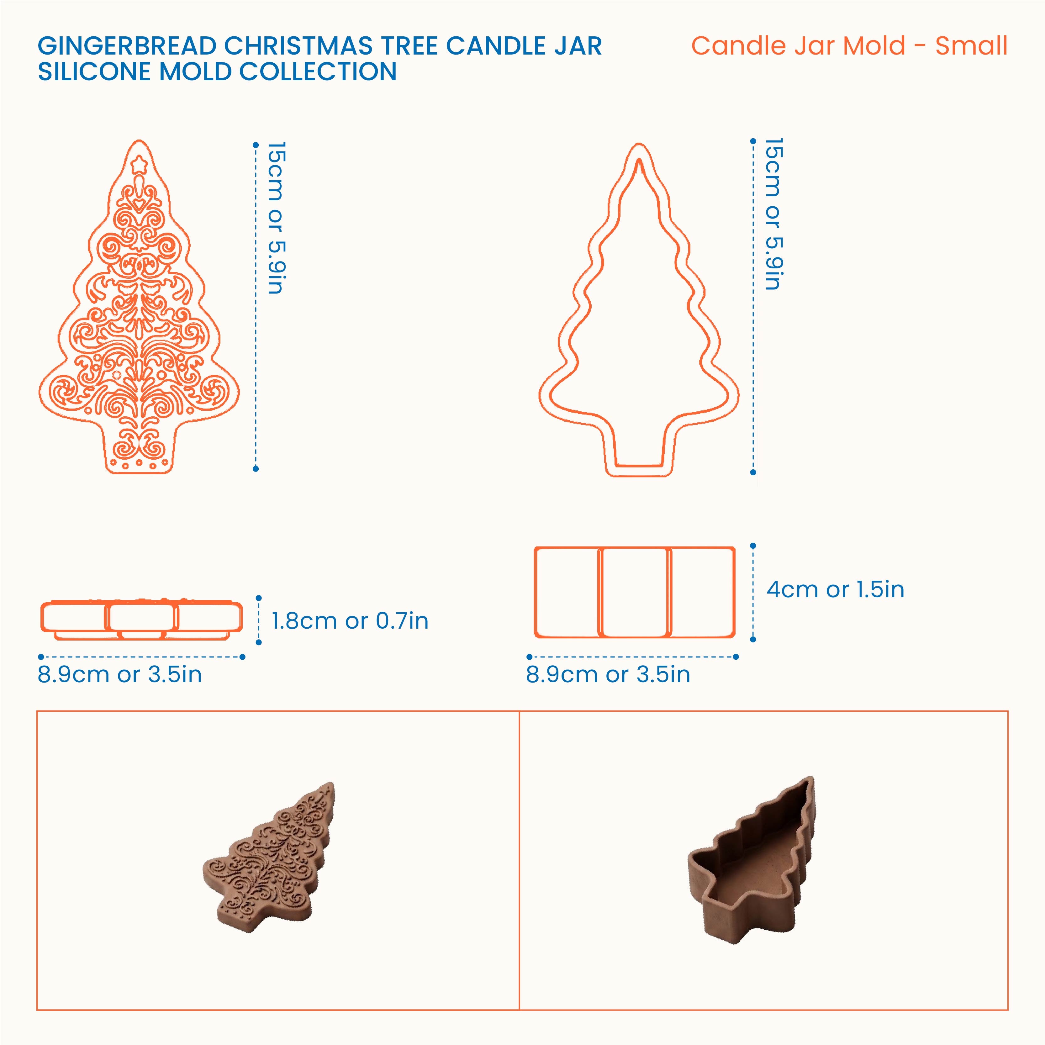 Size chart for the small Gingerbread Christmas Tree Candle Jar silicone mold, showing 15cm height, 8.9cm width, 1.8cm base, and 4cm lid depth.
