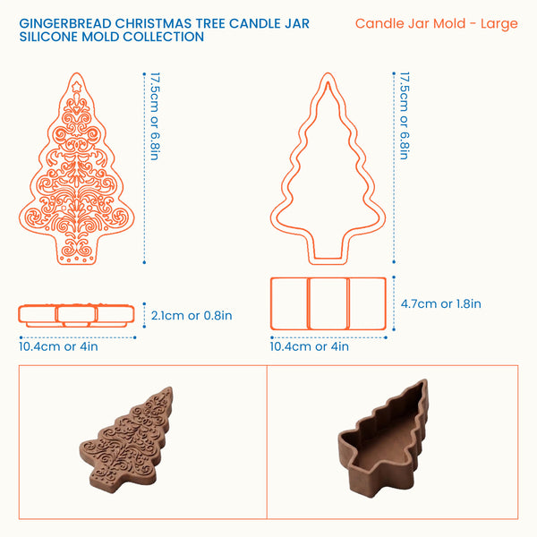 Size chart for the large Gingerbread Christmas Tree Candle Jar silicone mold, showing 17.5cm height, 10.4cm width, 2.1cm base, and 4.7cm lid depth.