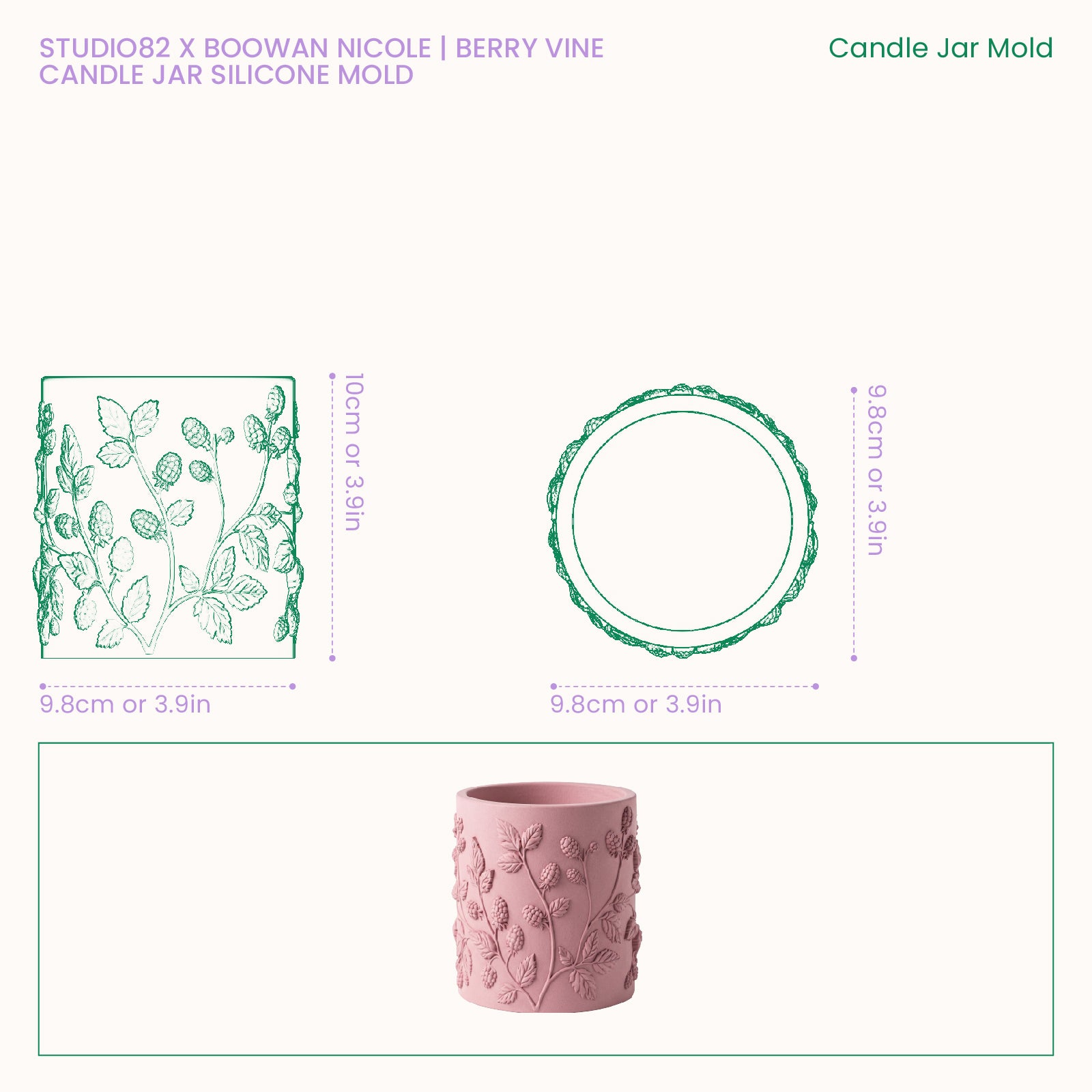 Size chart for the Studio82 x Boowan Nicole Berry Vine candle jar silicone mold, showing a 10cm height and 9.8cm diameter, alongside a photo of the finished berry vine candle jar.