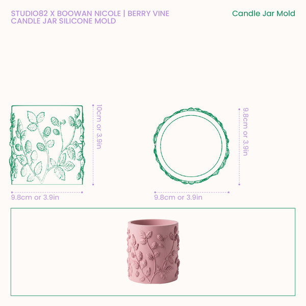 Size chart for the Studio82 x Boowan Nicole Berry Vine candle jar silicone mold, showing a 10cm height and 9.8cm diameter, alongside a photo of the finished berry vine candle jar.