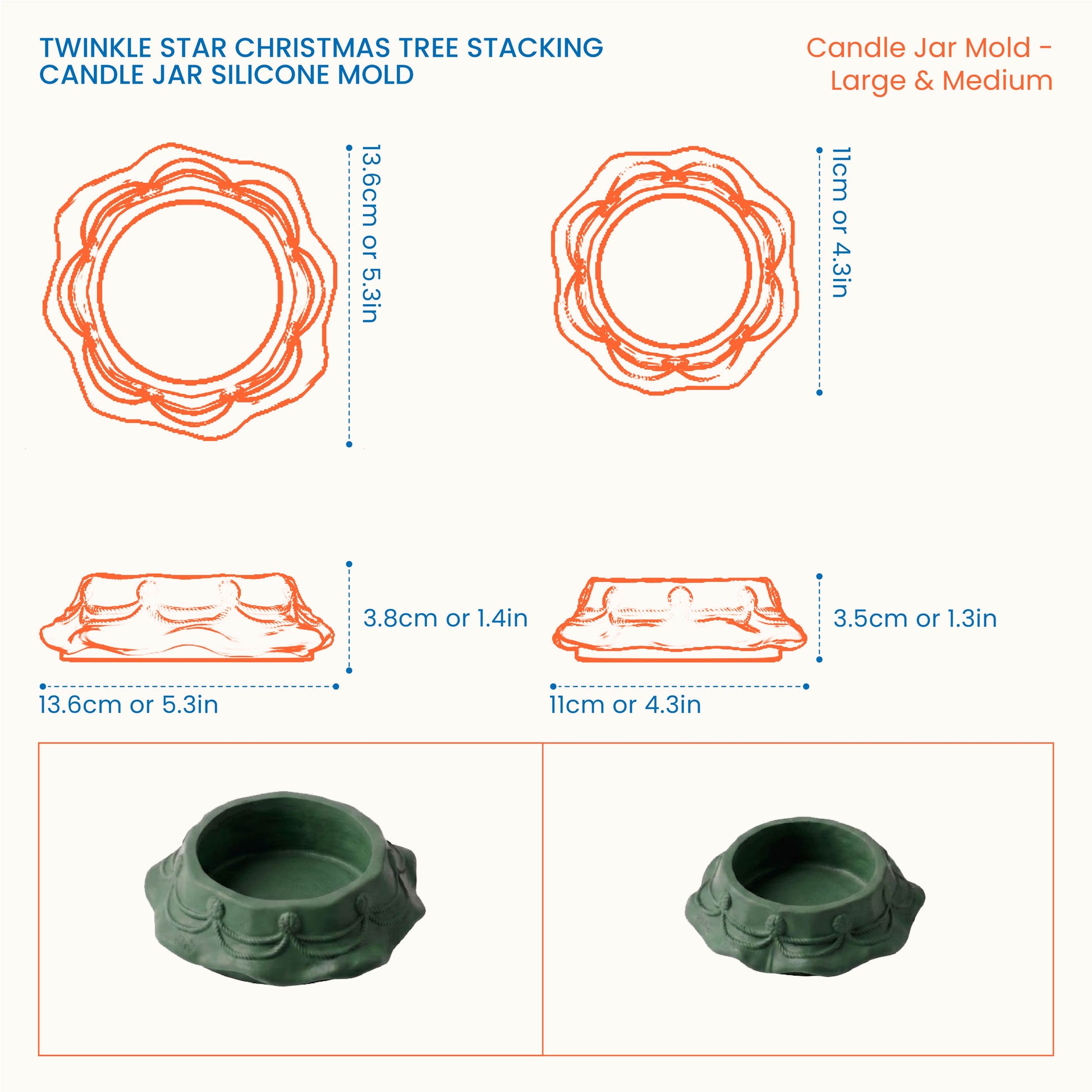 Twinkle Star Christmas Tree Stacking Candle Jar Silicone Mold size guide - Large and Medium