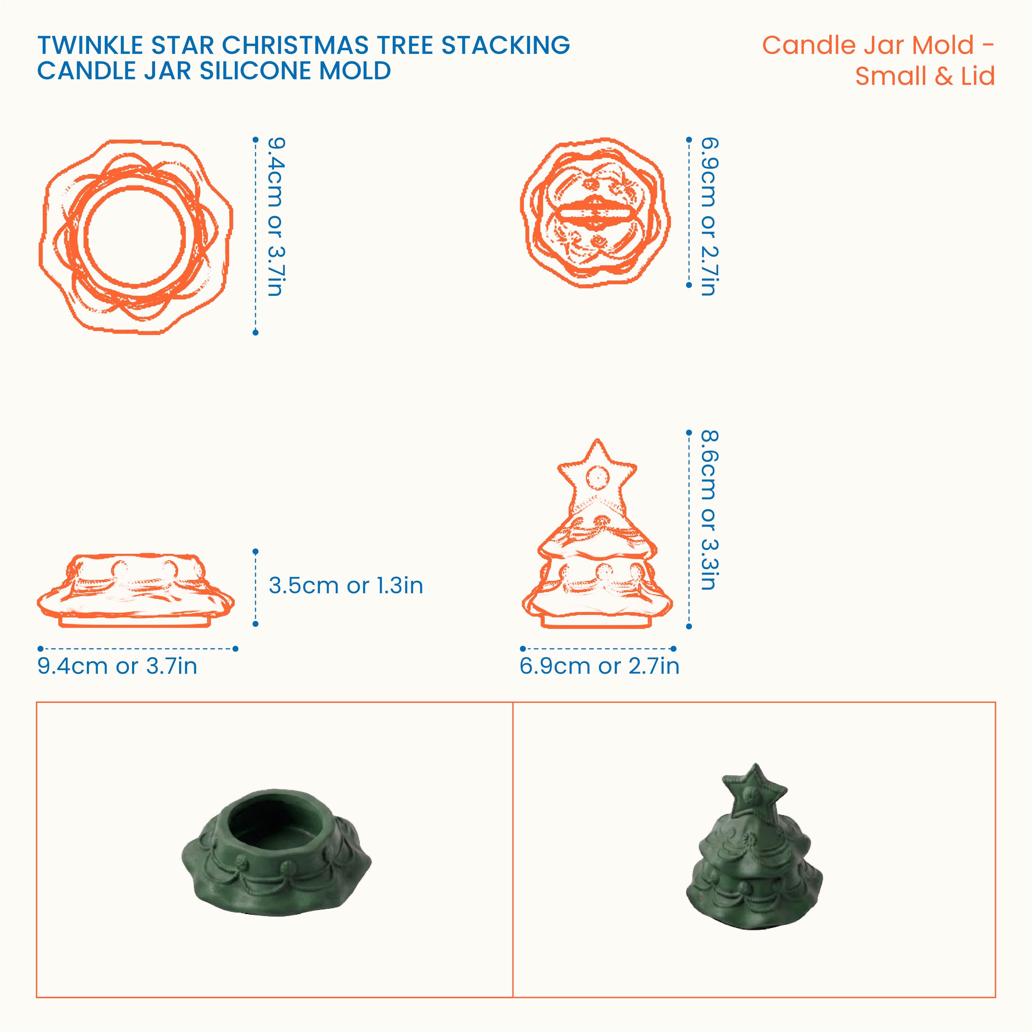 Twinkle Star Christmas Tree Stacking Candle Jar Silicone Mold size guide - Small and Lid