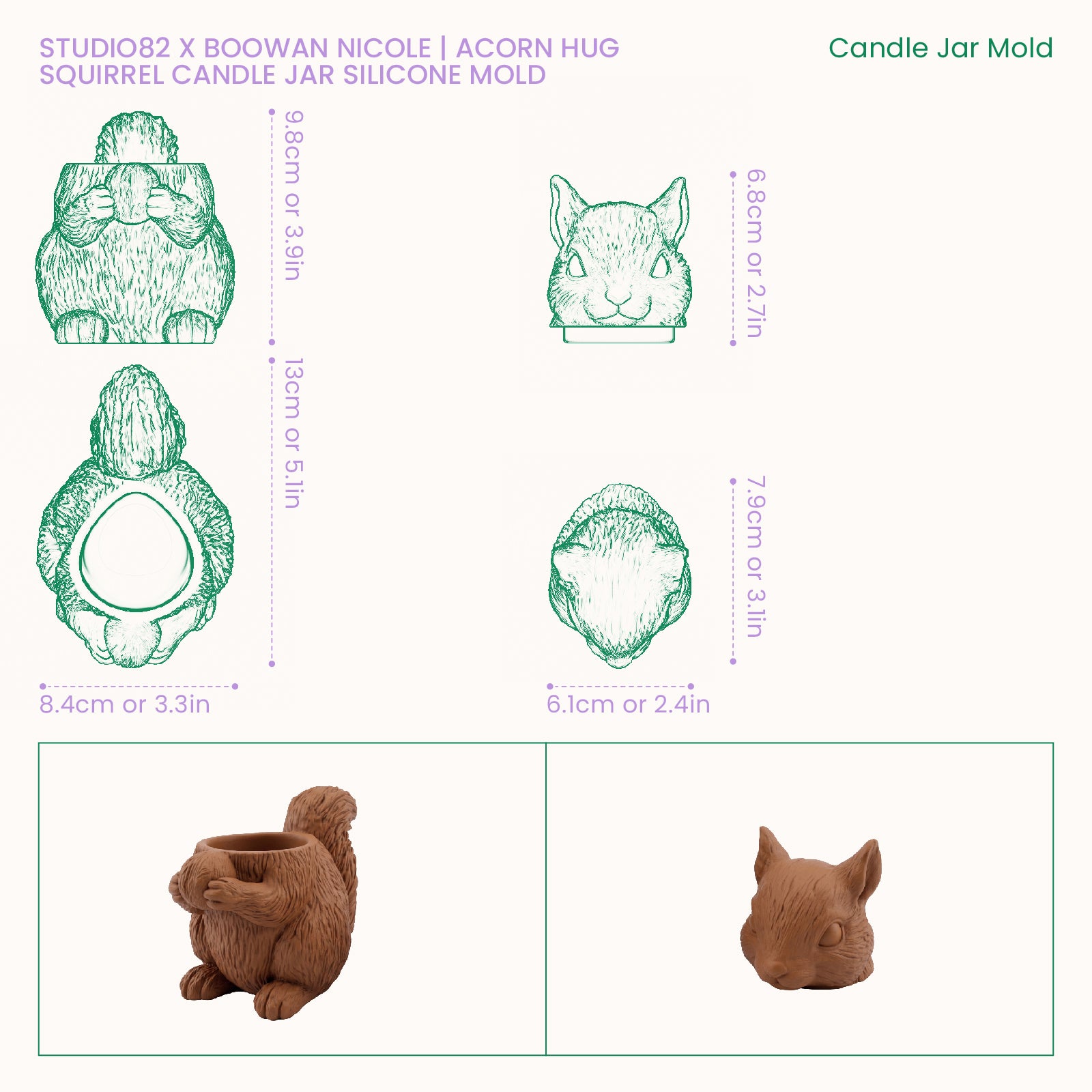 SH1606 Acorn Hug Squirrel Candle Jar Silicone Mold size guide