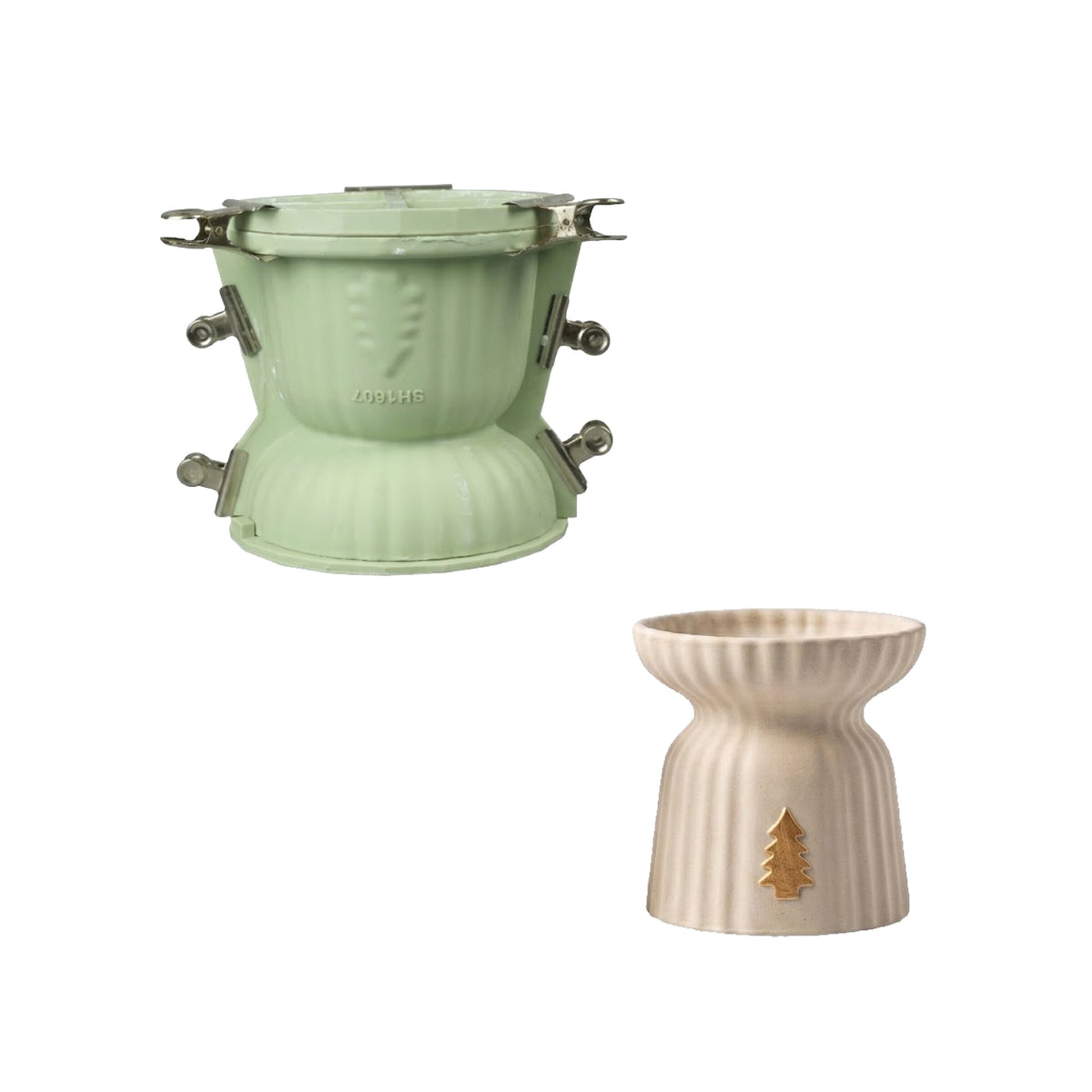 Tree charm ribbed pillar candle holder and its green silicone mold