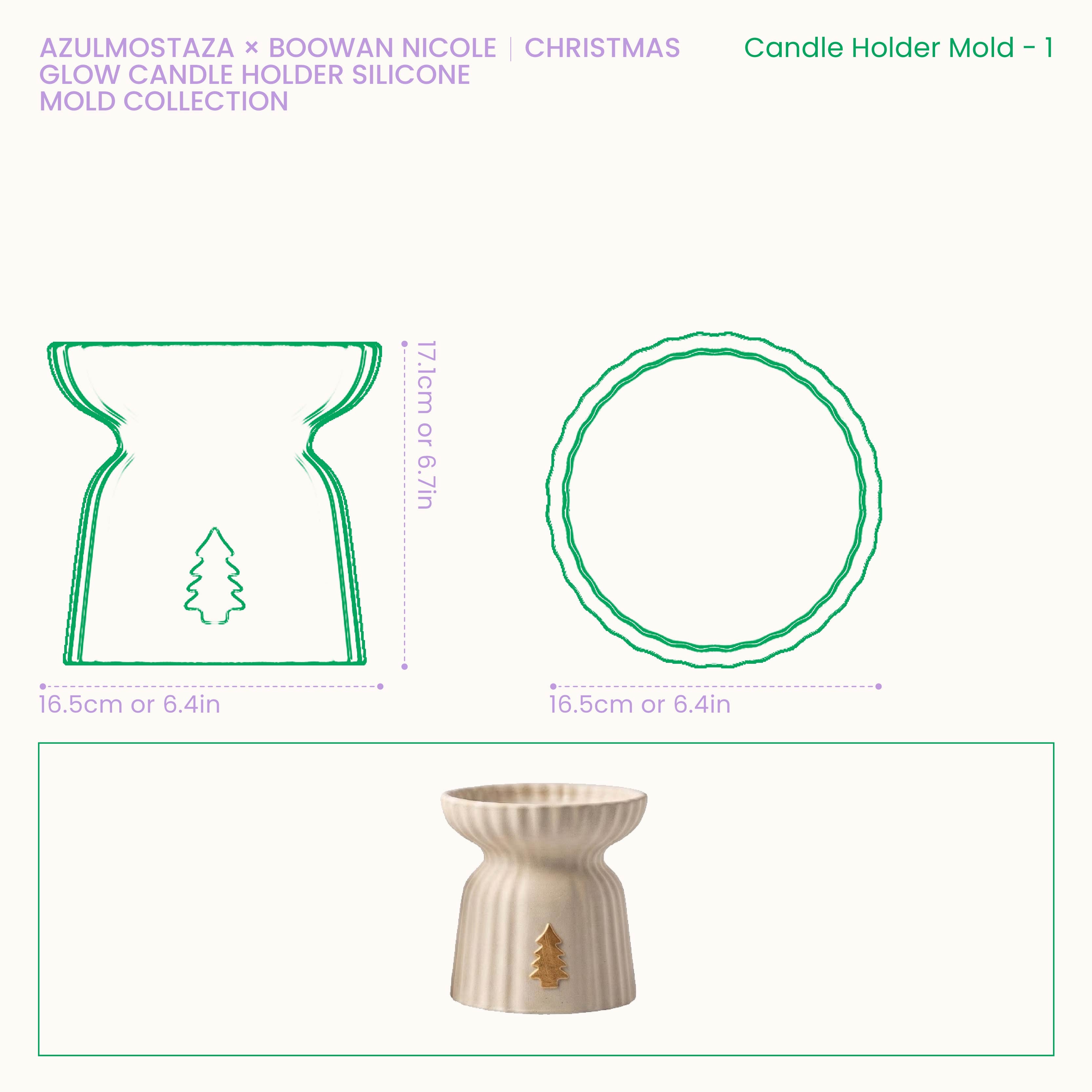 Size chart for the Christmas Glow tree charm pillar candle holder silicone mold, showing a 16.5cm diameter, 16.5cm base width, and 17.1cm height.