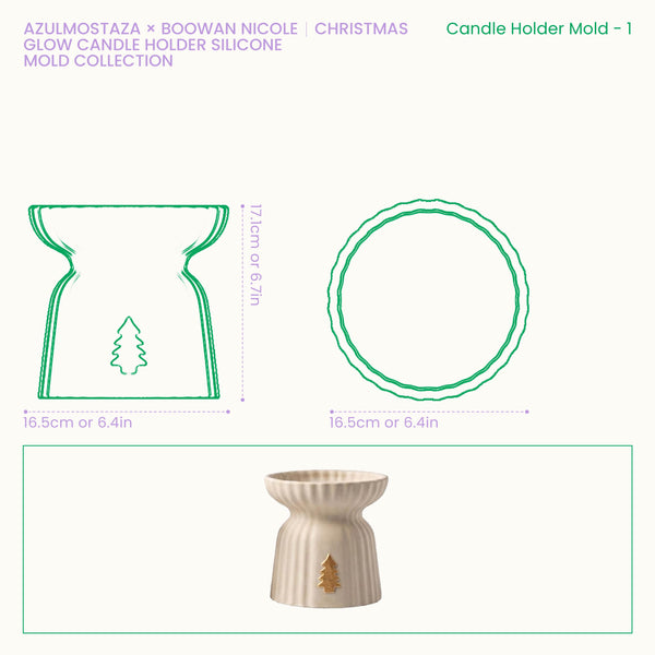 Size chart for the Christmas Glow tree charm pillar candle holder silicone mold, showing a 16.5cm diameter, 16.5cm base width, and 17.1cm height.