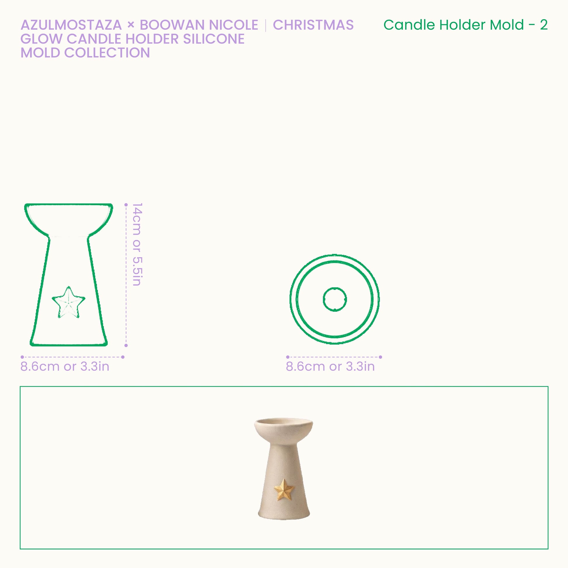 Size chart for the Christmas Glow star charm candle holder silicone mold, showing an 8.6cm diameter and 14cm height.