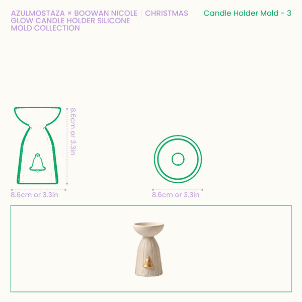 Size chart for the Christmas Glow bell charm candle holder silicone mold, showing an 8.6cm diameter and 8.6cm height.