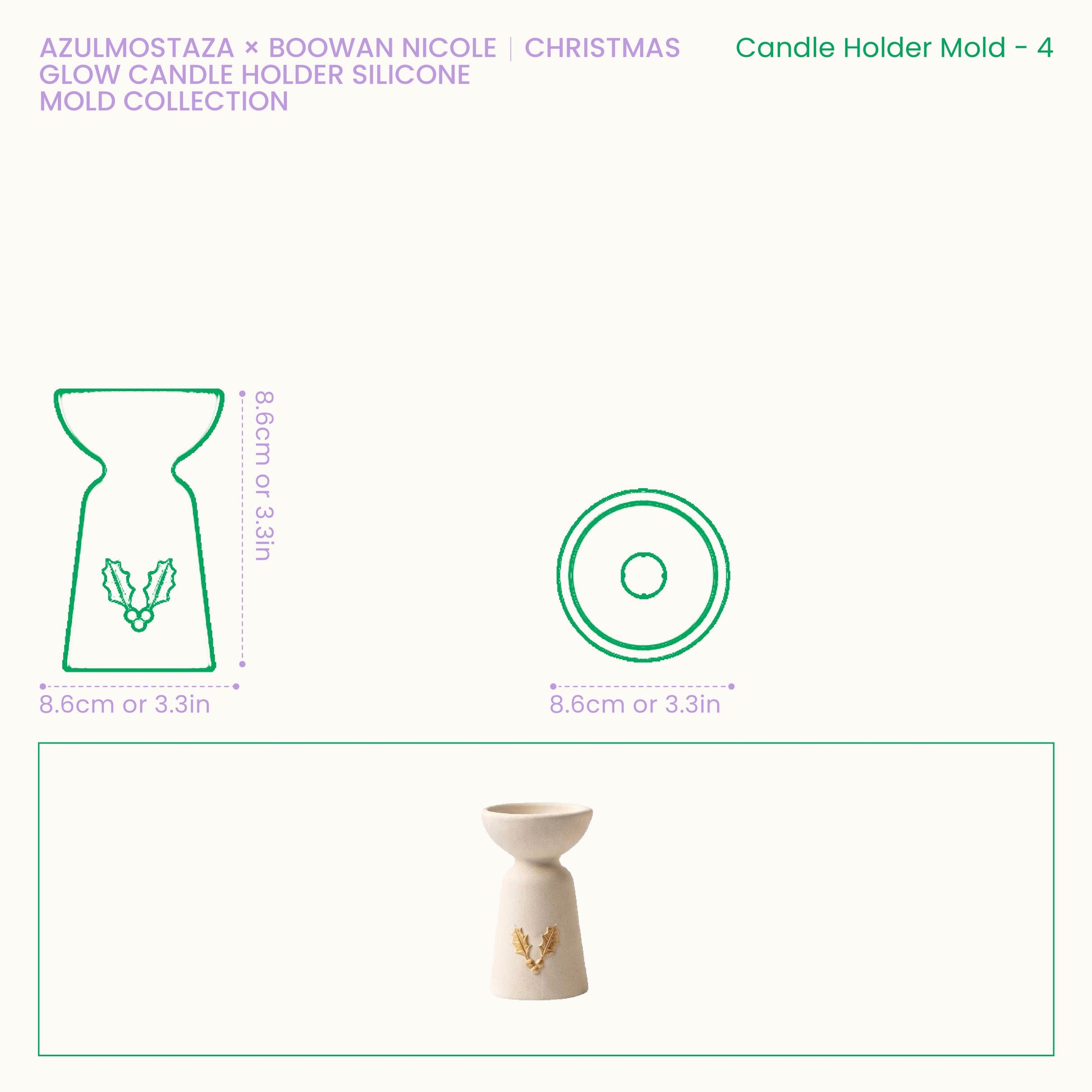 Size chart for the Christmas Glow holly charm candle holder silicone mold, showing an 8.6cm diameter and 8.6cm height.