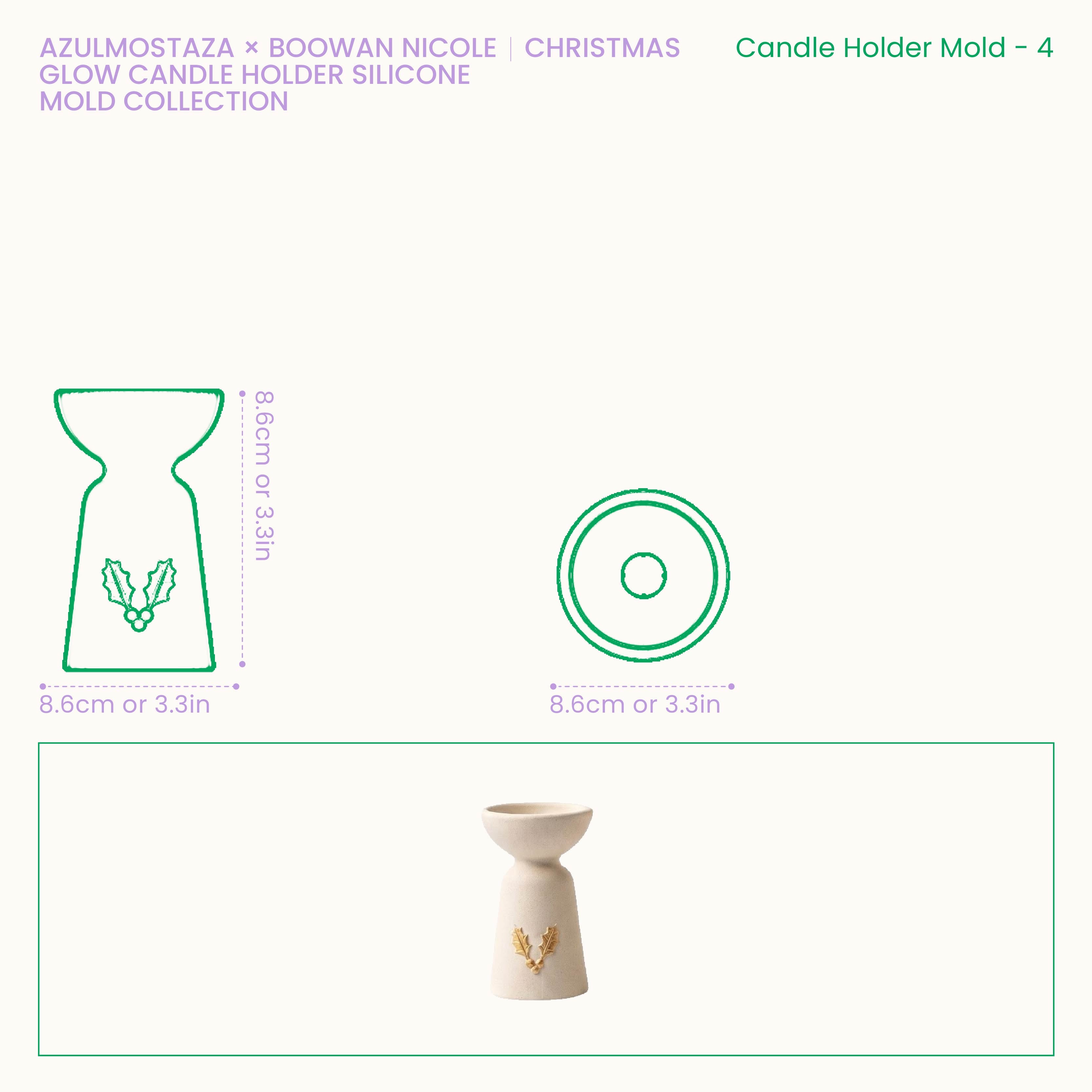 Size chart for the Christmas Glow holly charm candle holder silicone mold, showing an 8.6cm diameter and 8.6cm height.