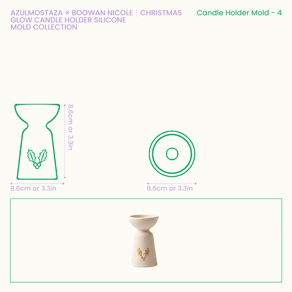 Size chart for the Christmas Glow holly charm candle holder silicone mold, showing an 8.6cm diameter and 8.6cm height.