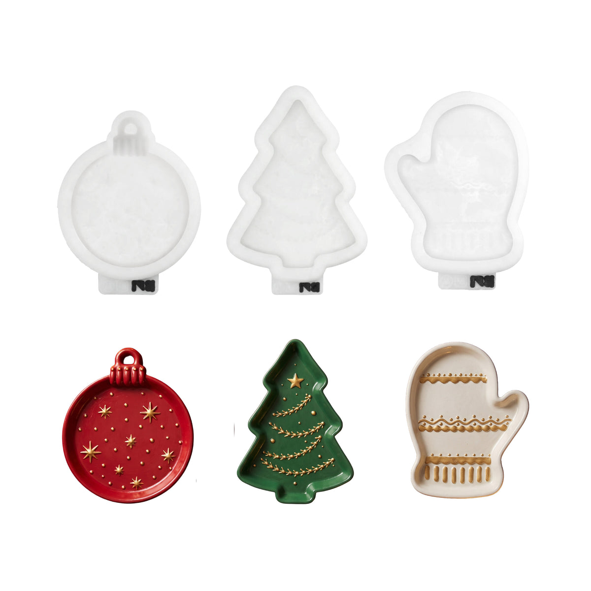 Set of three Christmas tray silicone molds with ornament, tree and mitten trays