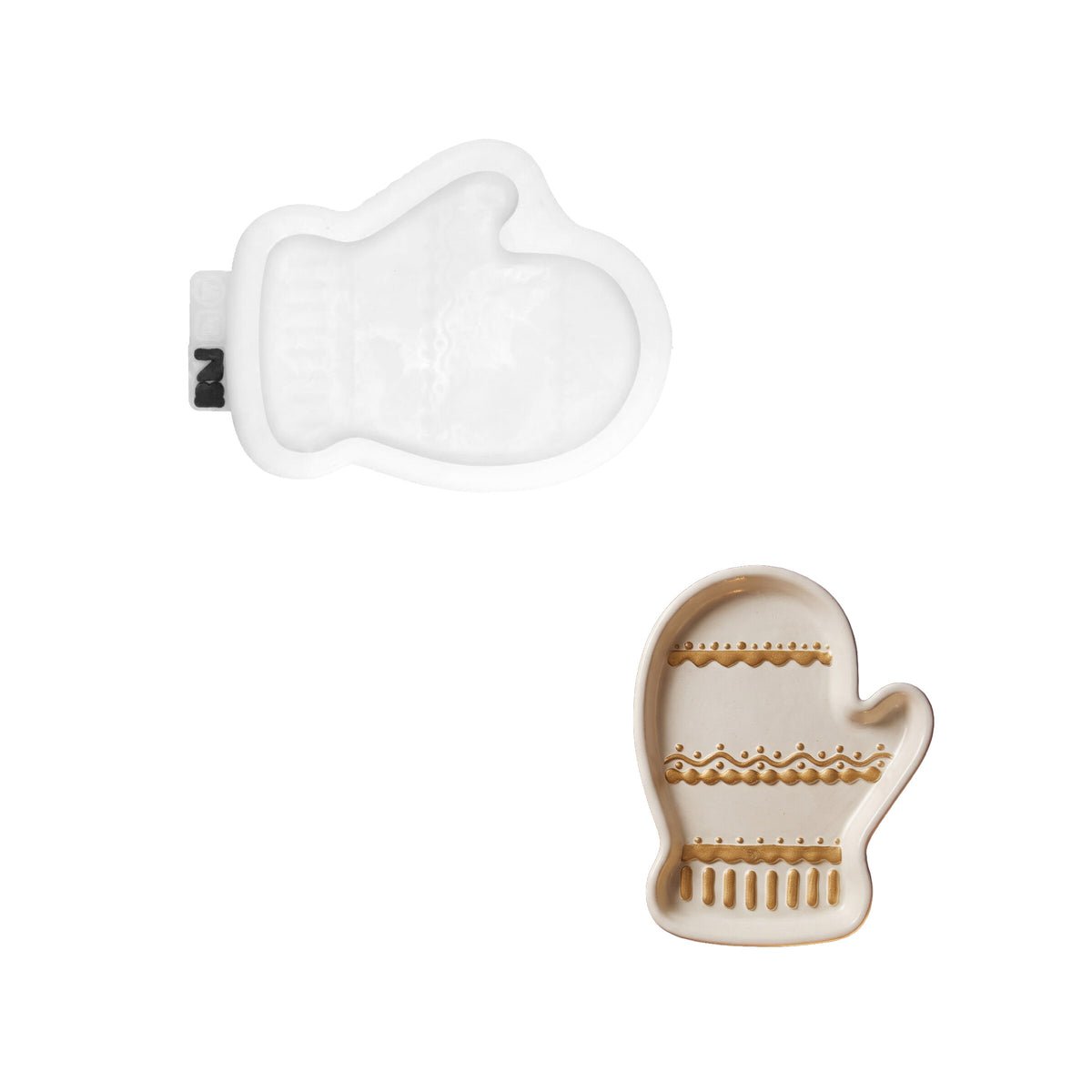 Cream knitted mitten tray and its white silicone mold