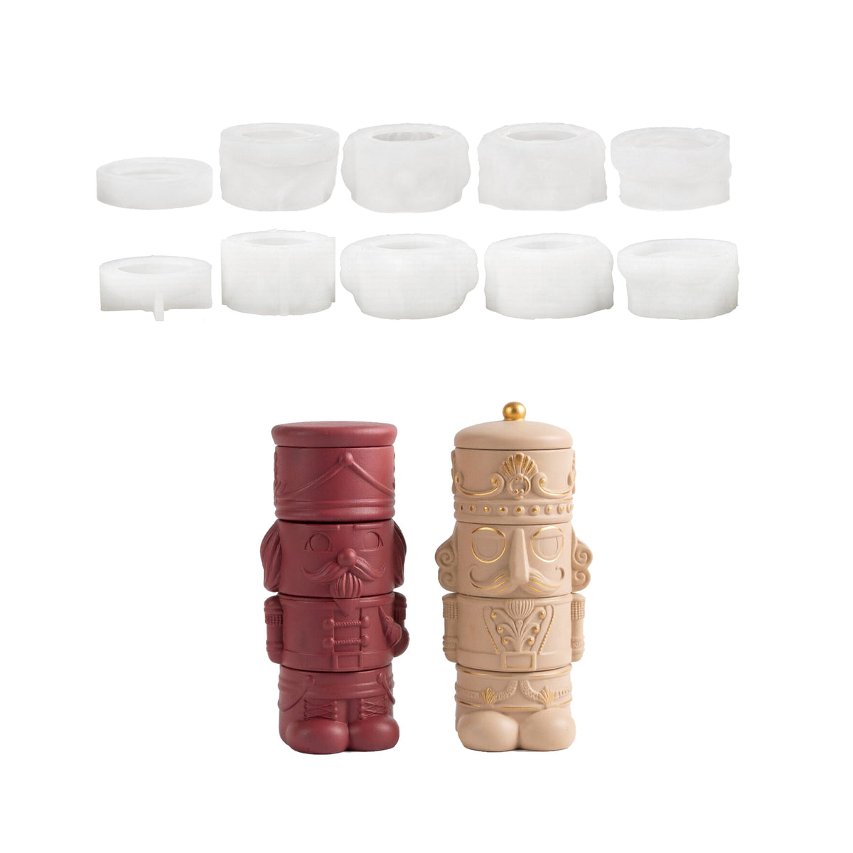 Set of red and cream nutcracker stacking candle jar silicone molds